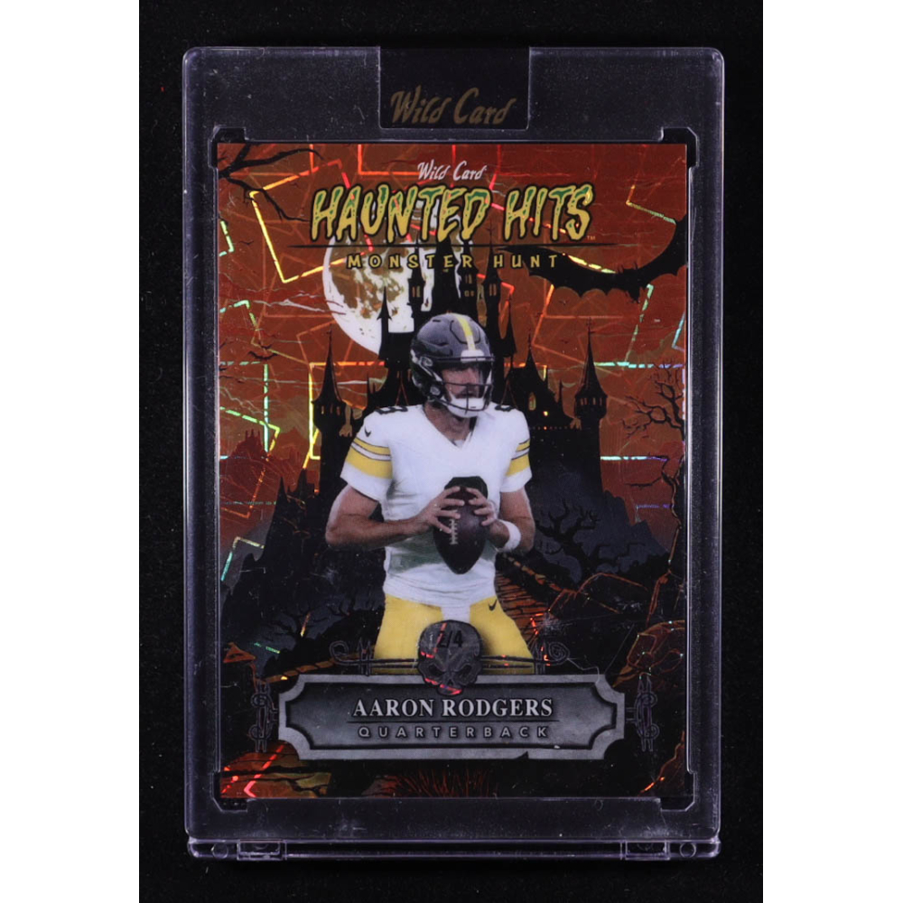 Aaron Rodgers 2025 Wild Card Haunted Hits Monster Hunt Creepy Castle Orange Lazer #HHCCAR #2/4 at PristineAuction.com