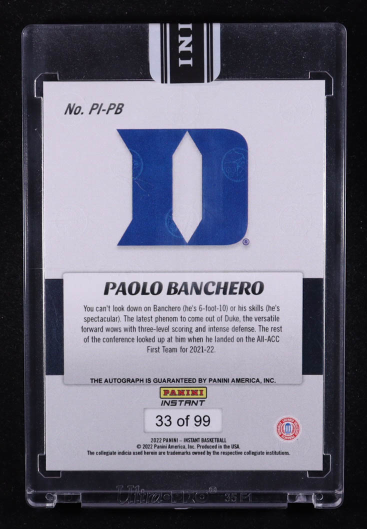 Paolo Banchero 2022 Panini Instant NIL Autograph #PI-PB #33/99 at PristineAuction.com Paolo Banchero 2022 Panini Instant NIL Autograph #PI-PB #33/99 at PristineAuction.com