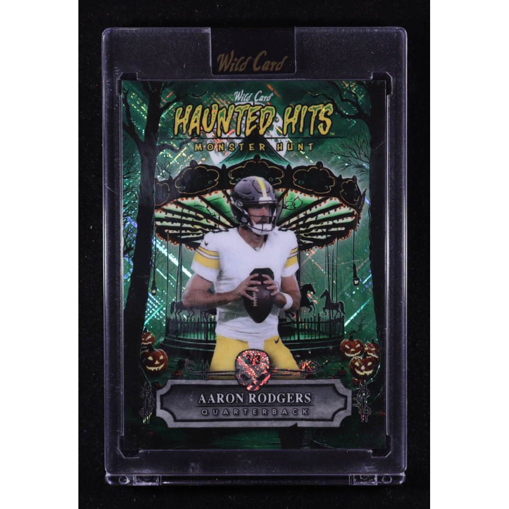 Aaron Rodgers 2025 Wild Card Haunted Hits Monster Hunt Carnival Green Cross Hatch Foil #HHCAAR #3/3 at PristineAuction.com