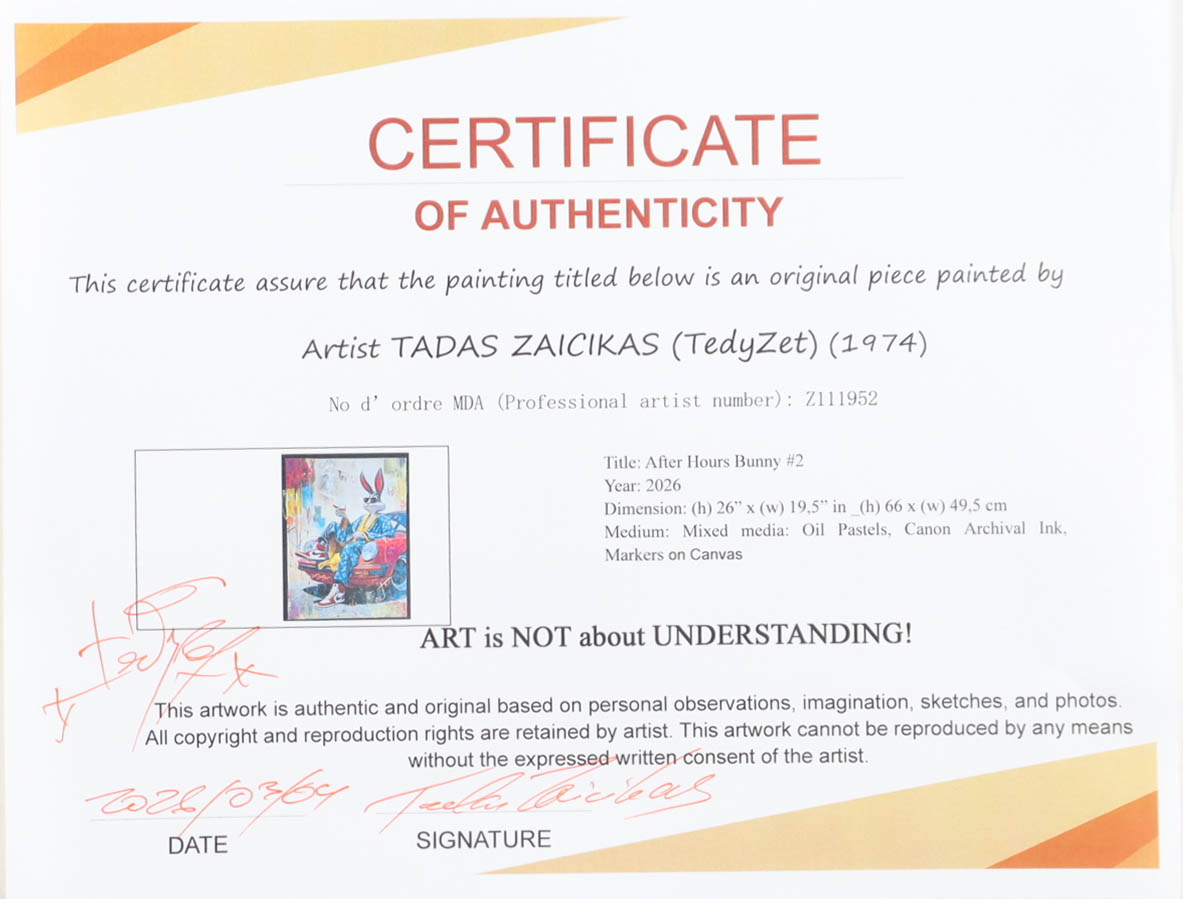 "After Hours Bunny #2" 2026 19x26 Original Painting on Canvas by Tadas Zaicikas | TedyZet (Zaicikas) at PristineAuction.com "After Hours Bunny #2" 2026 19x26 Original Painting on Canvas by Tadas Zaicikas | TedyZet (Zaicikas) at PristineAuction.com