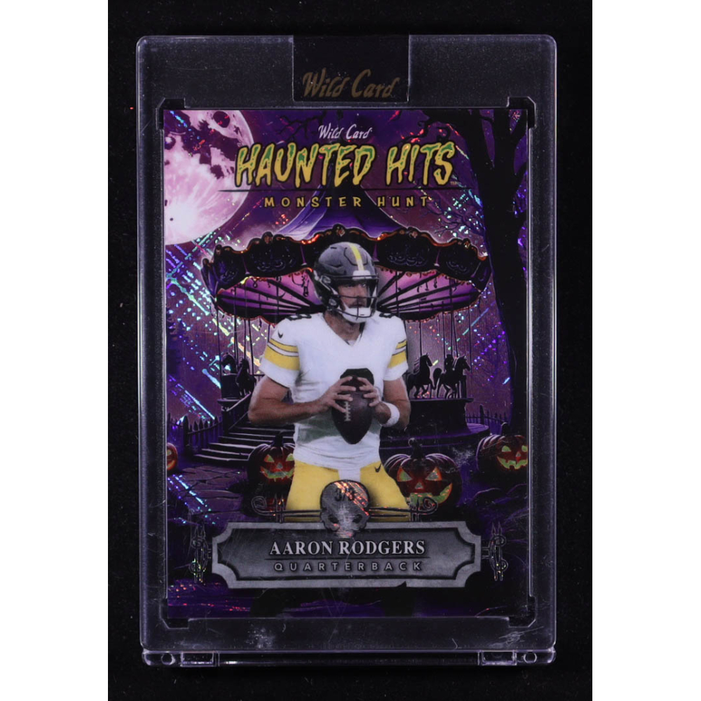 Aaron Rodgers 2025 Wild Card Haunted Hits Monster Hunt Carnival Purple Cross Hatch Foil #HHCAAR #3/3 at PristineAuction.com