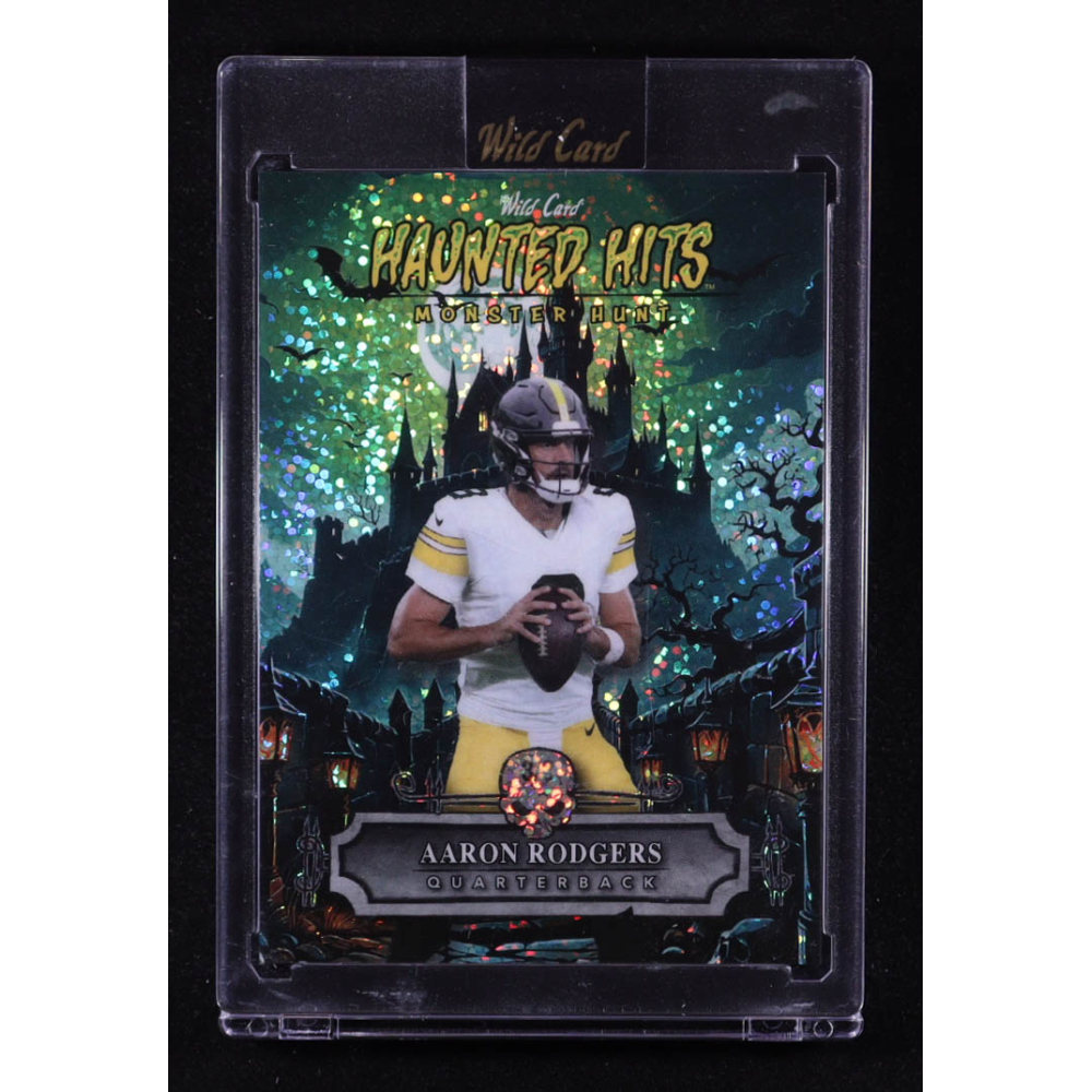 Aaron Rodgers 2025 Wild Card Haunted Hits Monster Hunt Creepy Castle Green Sparkles #HHCCAR #3/3 at PristineAuction.com