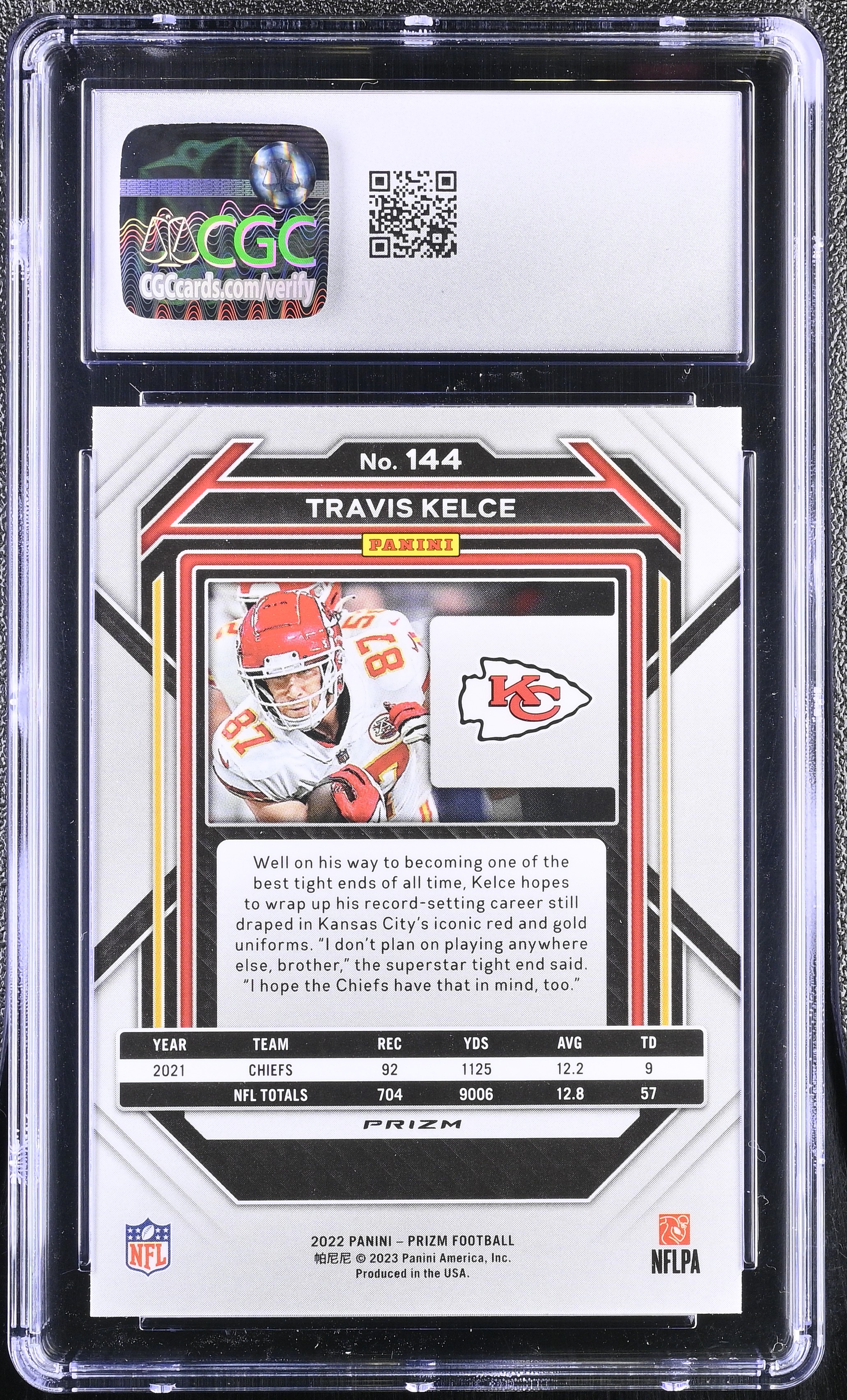 Travis Kelce 2022 Panini Prizm Prizms Red White and Blue #144 (CGC 9) at PristineAuction.com Travis Kelce 2022 Panini Prizm Prizms Red White and Blue #144 (CGC 9) at PristineAuction.com
