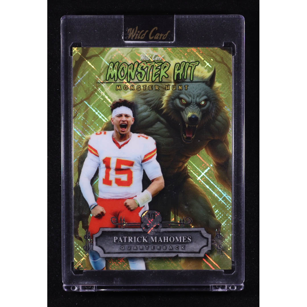 Patrick Mahomes II 2025 Wild Card Monster Hit Monster Hunt Werewolf Yellow Cross Hatch Foil #MHWWPM #1/1 at PristineAuction.com