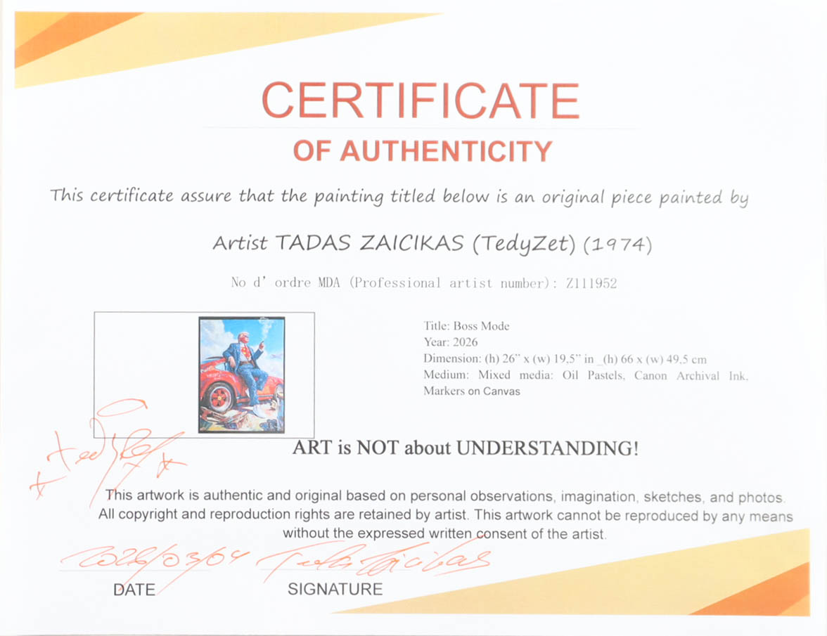 "Boss Mode" 2026 19x26 Original Painting on Canvas by Tadas Zaicikas | TedyZet (Zaicikas) at PristineAuction.com "Boss Mode" 2026 19x26 Original Painting on Canvas by Tadas Zaicikas | TedyZet (Zaicikas) at PristineAuction.com