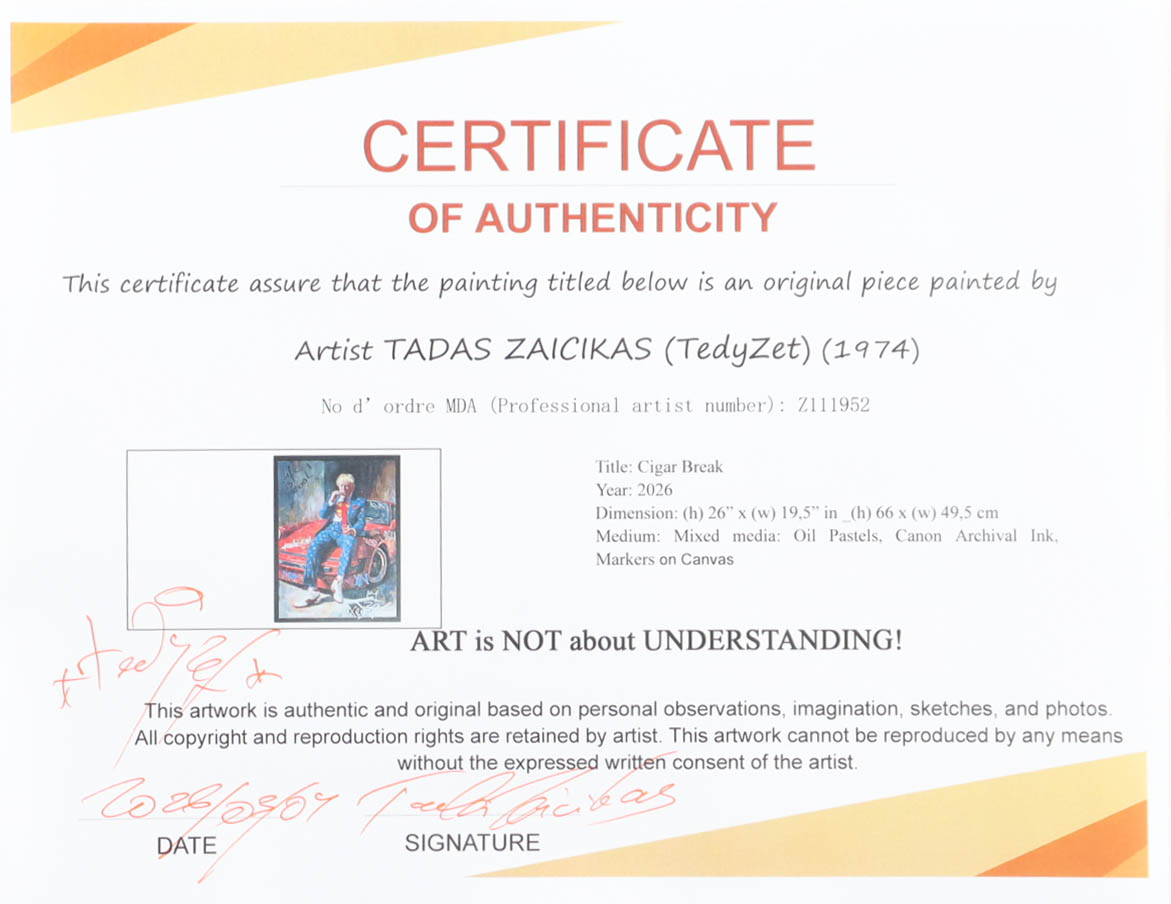 "Cigar Break" 2026 19x26 Original Painting on Canvas by Tadas Zaicikas | TedyZet (Zaicikas) at PristineAuction.com "Cigar Break" 2026 19x26 Original Painting on Canvas by Tadas Zaicikas | TedyZet (Zaicikas) at PristineAuction.com