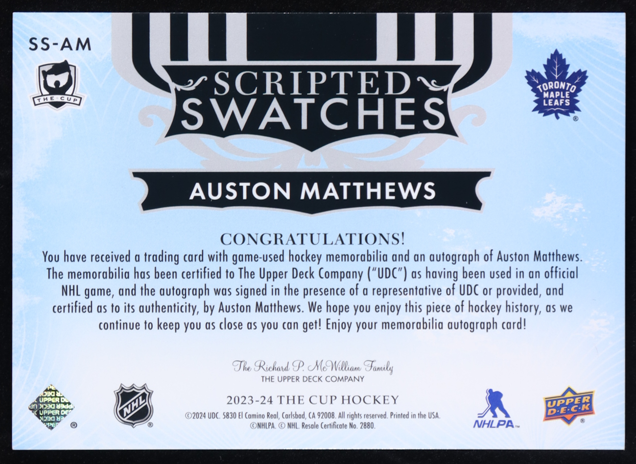 Auston Matthews 2023-24 The Cup Scripted Swatches #SSAM #19/35 at PristineAuction.com Auston Matthews 2023-24 The Cup Scripted Swatches #SSAM #19/35 at PristineAuction.com