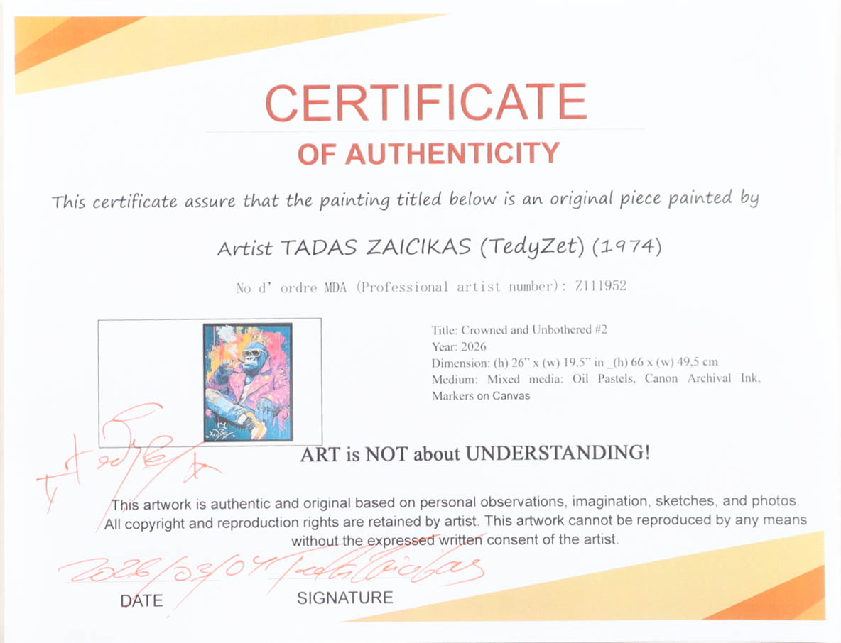 "Crowned and Unbothered #2" 2026 19x26 Original Painting on Canvas by Tadas Zaicikas | TedyZet (Zaicikas) at PristineAuction.com "Crowned and Unbothered #2" 2026 19x26 Original Painting on Canvas by Tadas Zaicikas | TedyZet (Zaicikas) at PristineAuction.com