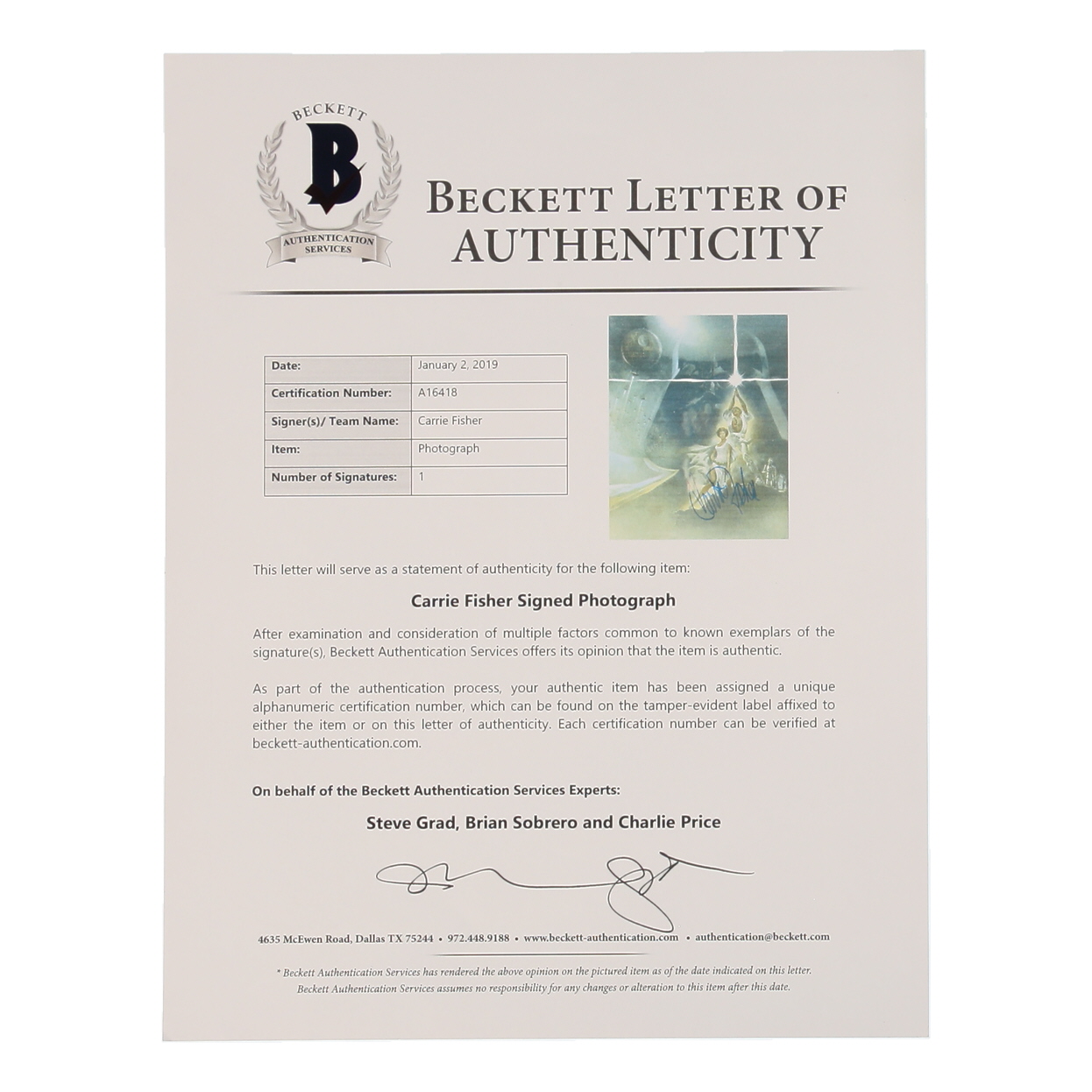 Carrie Fisher Signed "Star Wars" 8x10 Photo (Beckett) at PristineAuction.com Carrie Fisher Signed "Star Wars" 8x10 Photo (Beckett) at PristineAuction.com