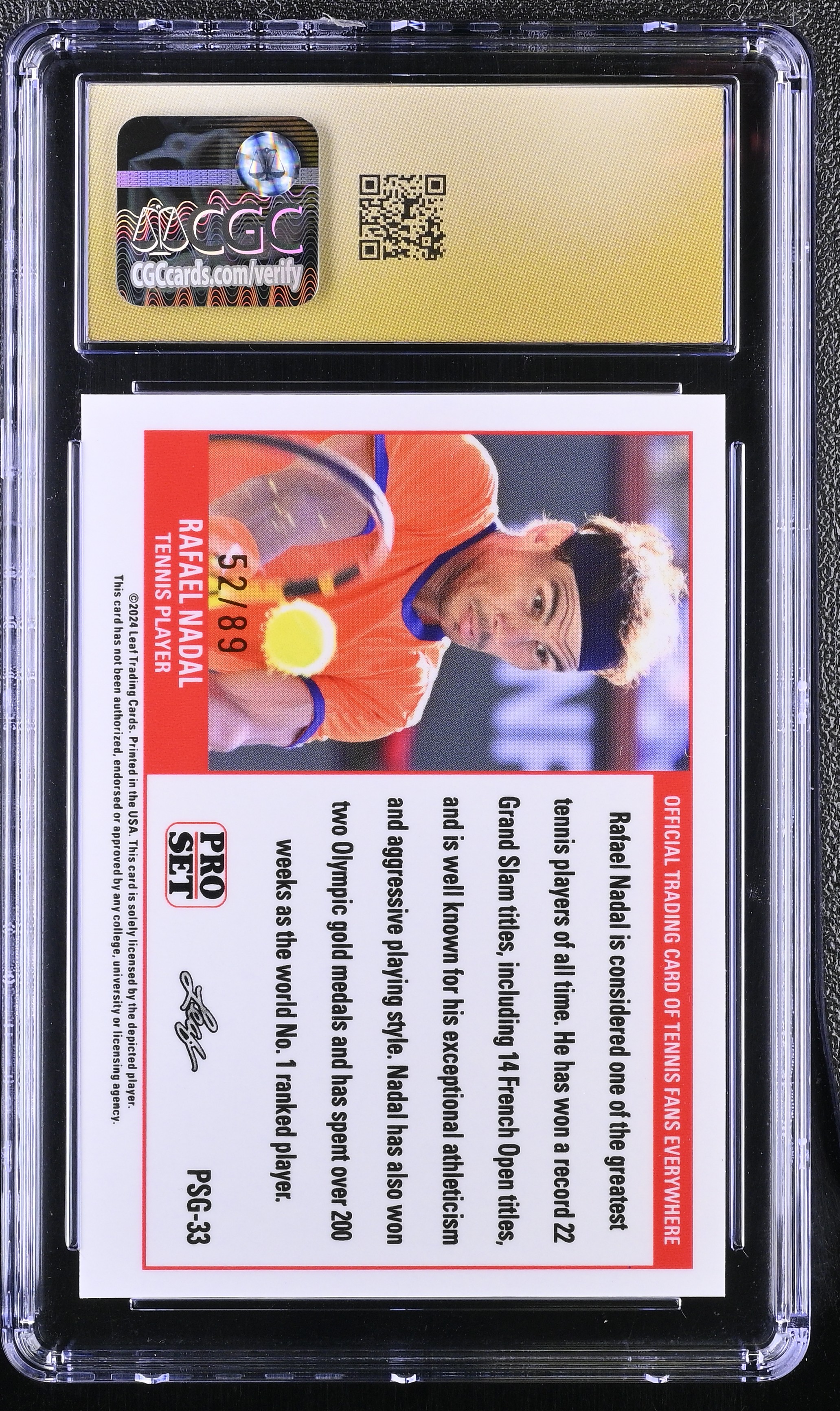 Rafael Nadal 2023 Leaf Web Exclusives Pro Set Red #PSG33 #52/89 (CGC 10 | Pristine Black Label) at PristineAuction.com Rafael Nadal 2023 Leaf Web Exclusives Pro Set Red #PSG33 #52/89 (CGC 10 | Pristine Black Label) at PristineAuction.com
