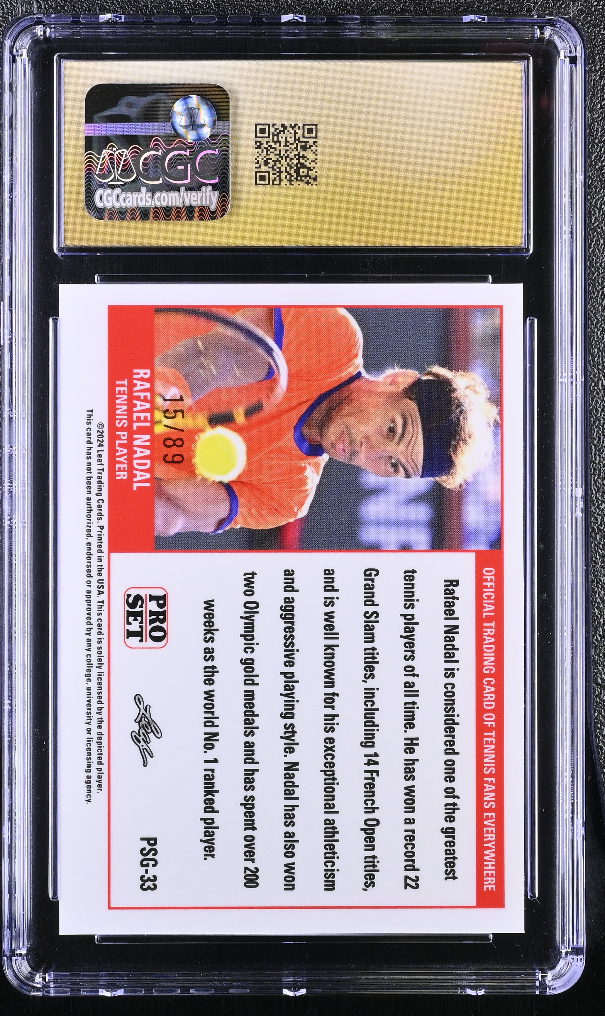 Rafael Nadal 2023 Leaf Web Exclusives Pro Set Red #PSG33 #15/89 (CGC 10 | Pristine Black Label) at PristineAuction.com Rafael Nadal 2023 Leaf Web Exclusives Pro Set Red #PSG33 #15/89 (CGC 10 | Pristine Black Label) at PristineAuction.com