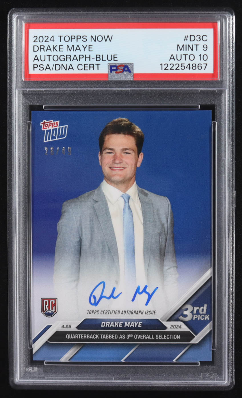 Drake Maye 2024 Topps Now Draft Autographs Blue #D3 #26/49 RC (PSA 9 | Auto 10) at PristineAuction.com Drake Maye 2024 Topps Now Draft Autographs Blue #D3 #26/49 RC (PSA 9 | Auto 10) at PristineAuction.com