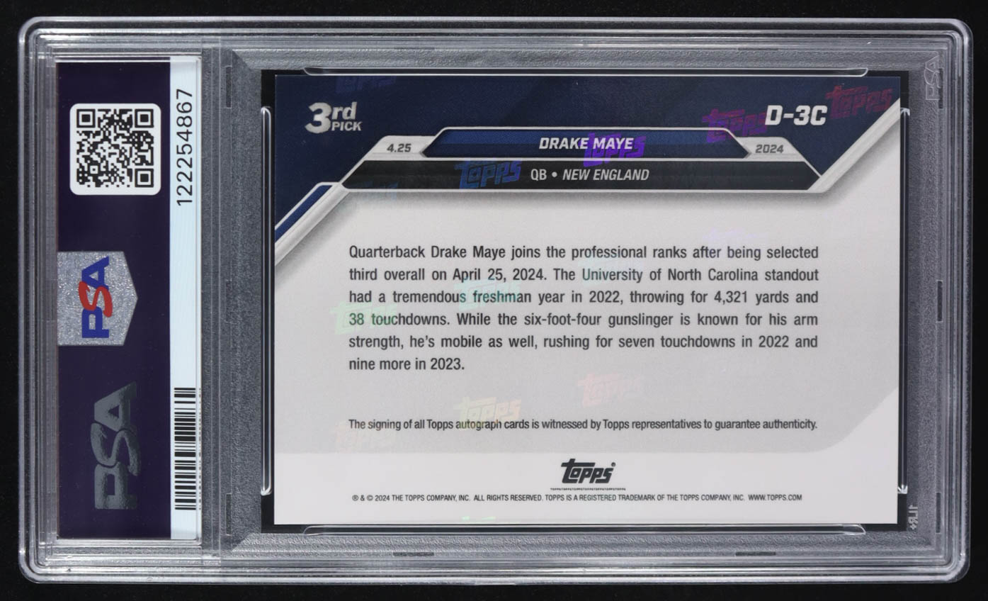 Drake Maye 2024 Topps Now Draft Autographs Blue #D3 #26/49 RC (PSA 9 | Auto 10) at PristineAuction.com Drake Maye 2024 Topps Now Draft Autographs Blue #D3 #26/49 RC (PSA 9 | Auto 10) at PristineAuction.com