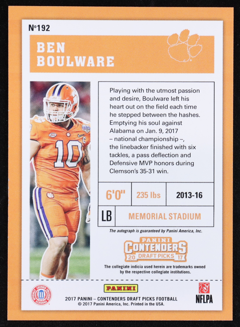 Ben Boulware 2017 Panini Contenders Draft Picks #192 AU RC at PristineAuction.com Ben Boulware 2017 Panini Contenders Draft Picks #192 AU RC at PristineAuction.com