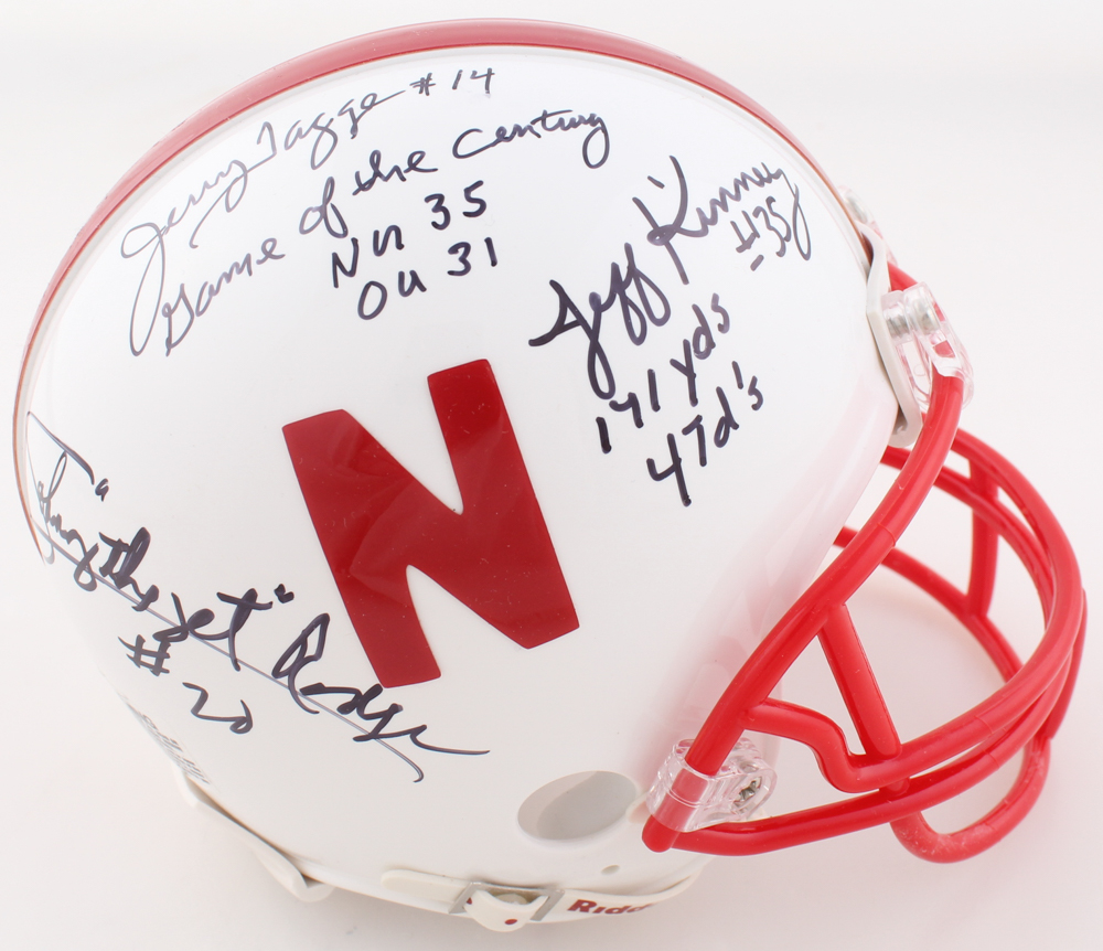 Johnny "The Jet" Rodgers, Jerry Tagge, Jeff Kinney Signed Nebraksa Cornhuskers Mini Helmet With Game of the Century Stat Inscriptions (PSA) at PristineAuction.com Johnny "The Jet" Rodgers, Jerry Tagge, Jeff Kinney Signed Nebraksa Cornhuskers Mini Helmet With Game of the Century Stat Inscriptions (PSA) at PristineAuction.com