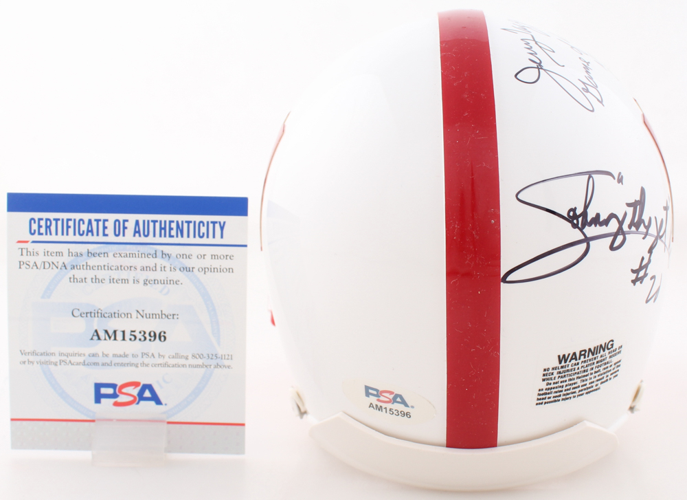 Johnny "The Jet" Rodgers, Jerry Tagge, Jeff Kinney Signed Nebraksa Cornhuskers Mini Helmet With Game of the Century Stat Inscriptions (PSA) at PristineAuction.com Johnny "The Jet" Rodgers, Jerry Tagge, Jeff Kinney Signed Nebraksa Cornhuskers Mini Helmet With Game of the Century Stat Inscriptions (PSA) at PristineAuction.com