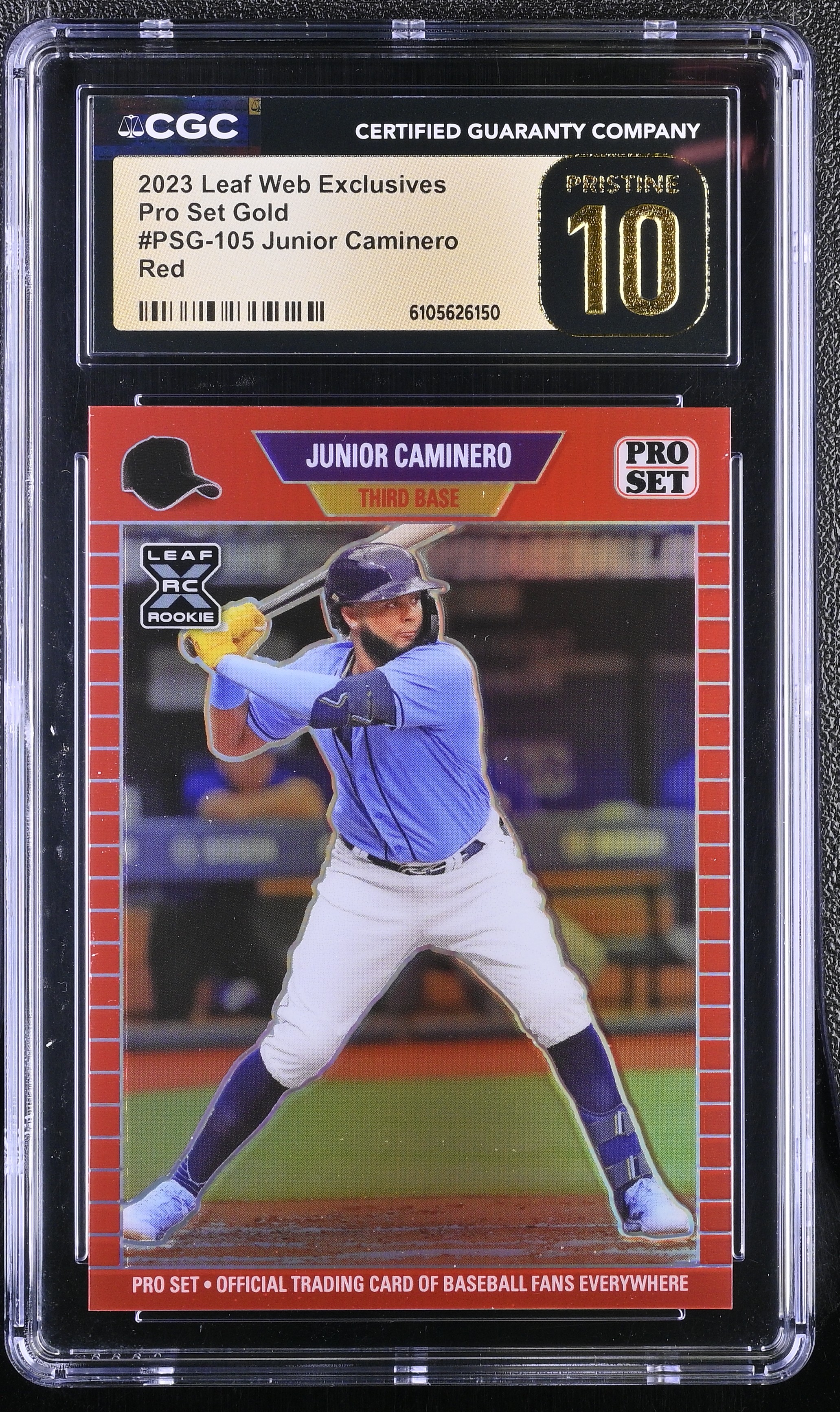 Junior Caminero 2023 Leaf Web Exclusives Pro Set Red #PSG105 RC #53/99 (CGC 10 | Pristine Black Label) at PristineAuction.com Junior Caminero 2023 Leaf Web Exclusives Pro Set Red #PSG105 RC #53/99 (CGC 10 | Pristine Black Label) at PristineAuction.com
