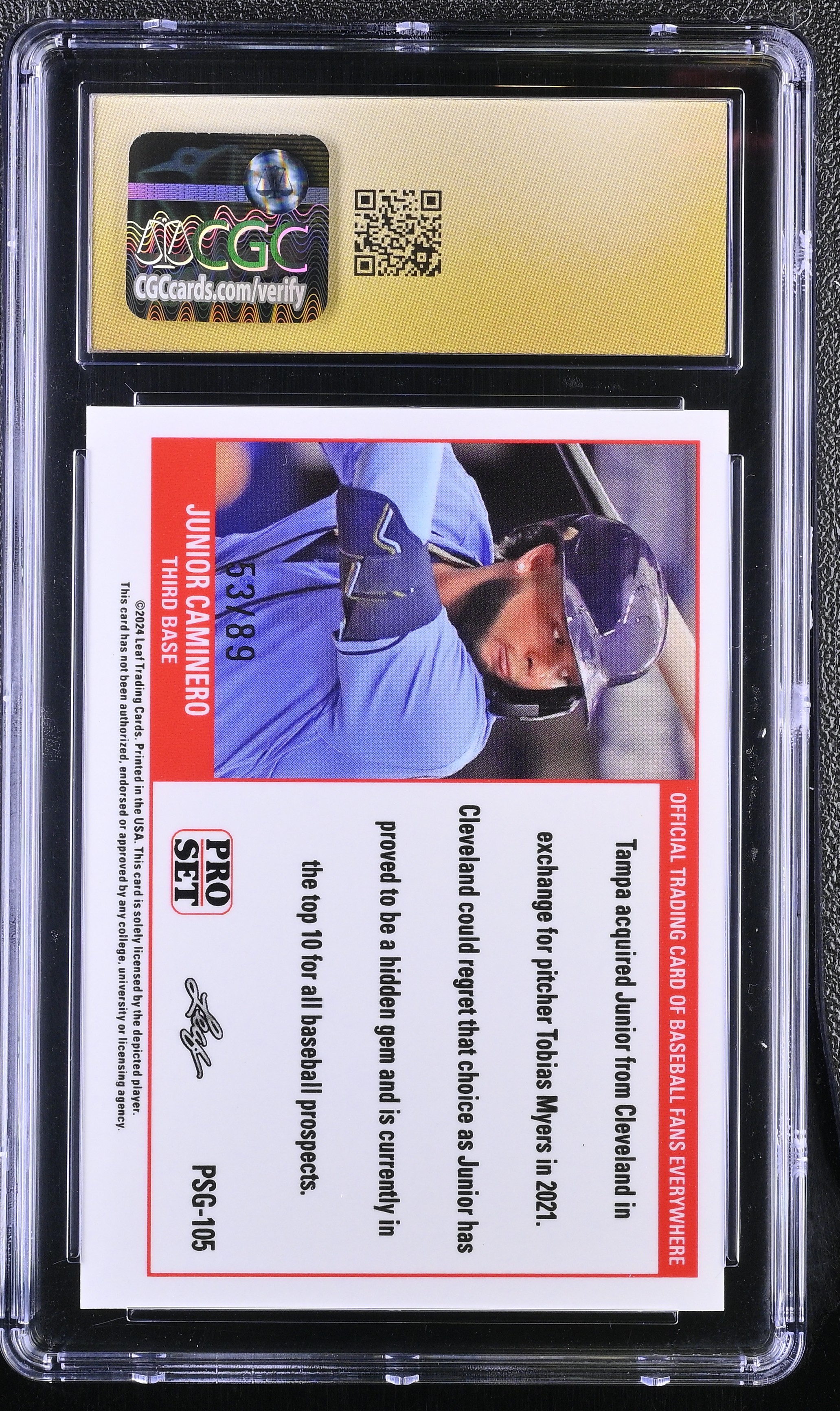 Junior Caminero 2023 Leaf Web Exclusives Pro Set Red #PSG105 RC #53/99 (CGC 10 | Pristine Black Label) at PristineAuction.com Junior Caminero 2023 Leaf Web Exclusives Pro Set Red #PSG105 RC #53/99 (CGC 10 | Pristine Black Label) at PristineAuction.com