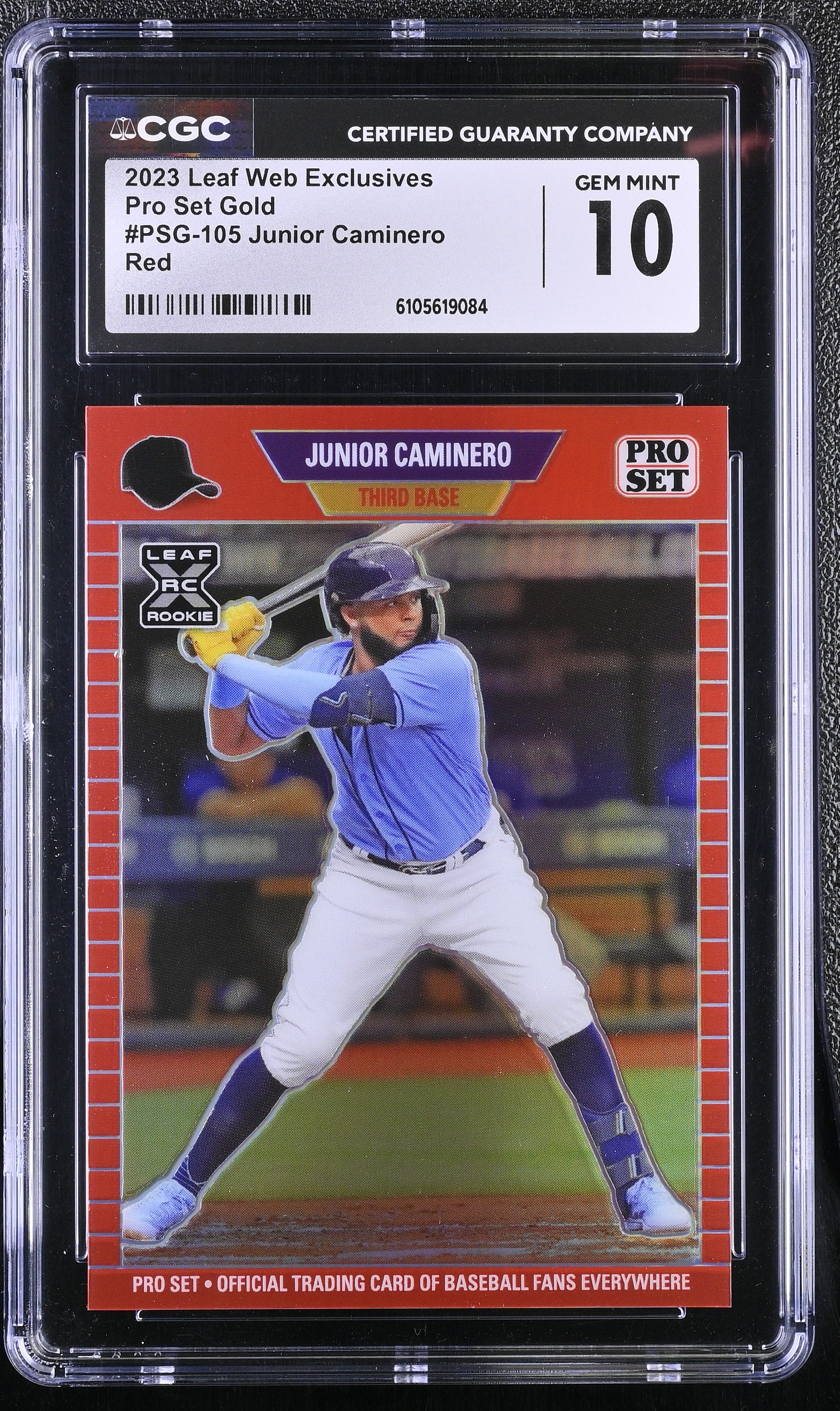Junior Caminero 2023 Leaf Web Exclusives Pro Set Red #PSG105 RC #73/89 (CGC 10) at PristineAuction.com Junior Caminero 2023 Leaf Web Exclusives Pro Set Red #PSG105 RC #73/89 (CGC 10) at PristineAuction.com