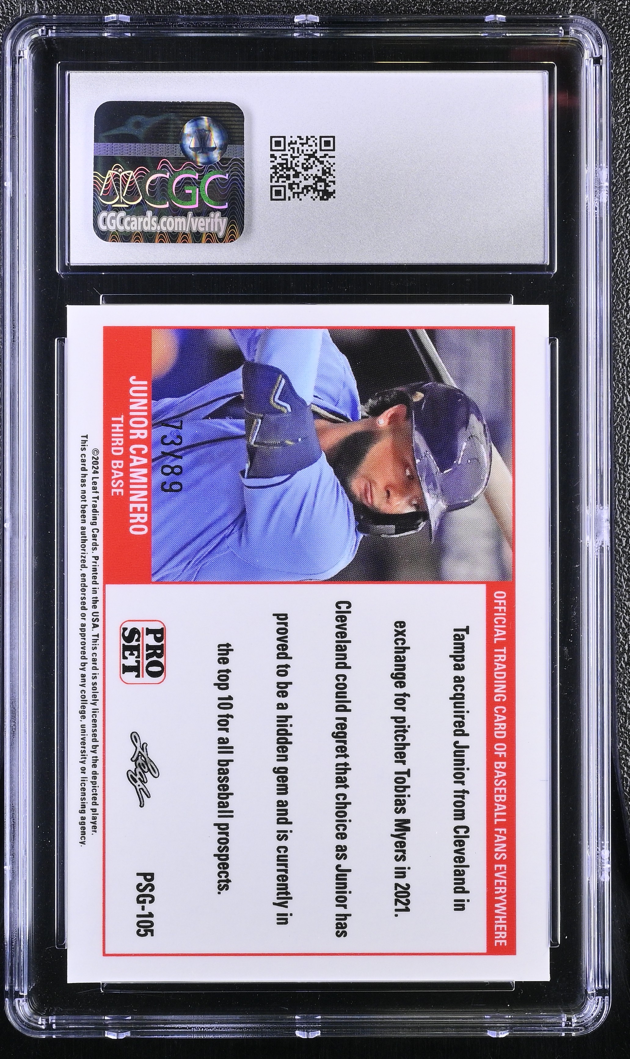 Junior Caminero 2023 Leaf Web Exclusives Pro Set Red #PSG105 RC #73/89 (CGC 10) at PristineAuction.com Junior Caminero 2023 Leaf Web Exclusives Pro Set Red #PSG105 RC #73/89 (CGC 10) at PristineAuction.com