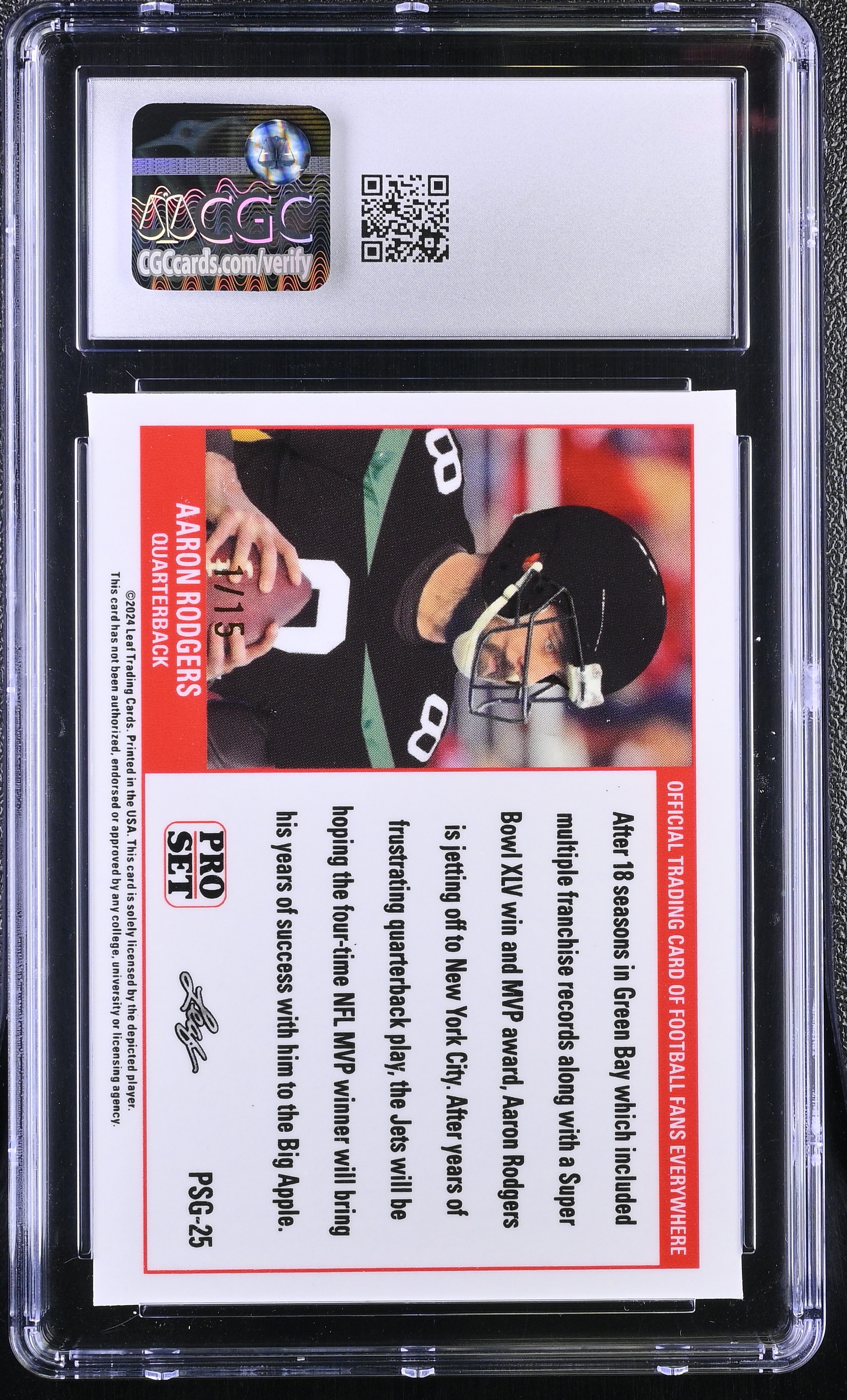 Aaron Rodgers 2023 Leaf Web Exclusives Pro Set Purple #PSG25 #1/15 (CGC 10) at PristineAuction.com Aaron Rodgers 2023 Leaf Web Exclusives Pro Set Purple #PSG25 #1/15 (CGC 10) at PristineAuction.com