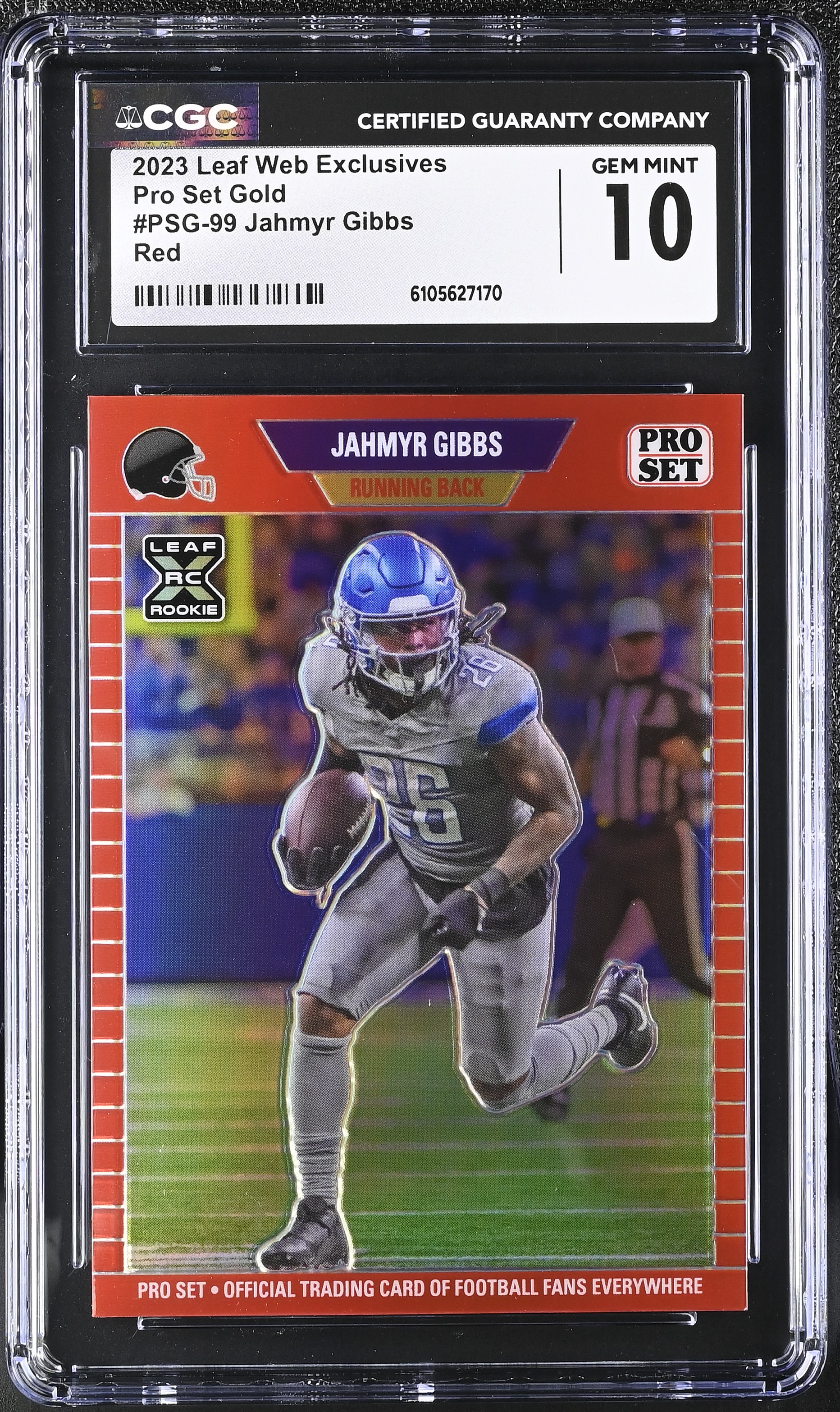 Jahmyr Gibbs 2023 Leaf Web Exclusives Pro Set Red #PSG99 RC #13/89 (CGC 10) at PristineAuction.com Jahmyr Gibbs 2023 Leaf Web Exclusives Pro Set Red #PSG99 RC #13/89 (CGC 10) at PristineAuction.com