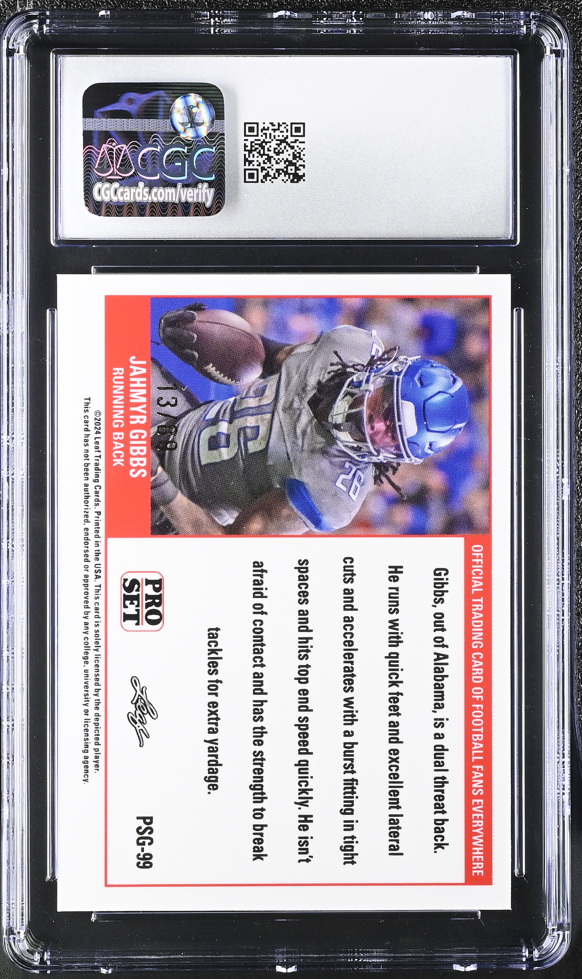 Jahmyr Gibbs 2023 Leaf Web Exclusives Pro Set Red #PSG99 RC #13/89 (CGC 10) at PristineAuction.com Jahmyr Gibbs 2023 Leaf Web Exclusives Pro Set Red #PSG99 RC #13/89 (CGC 10) at PristineAuction.com