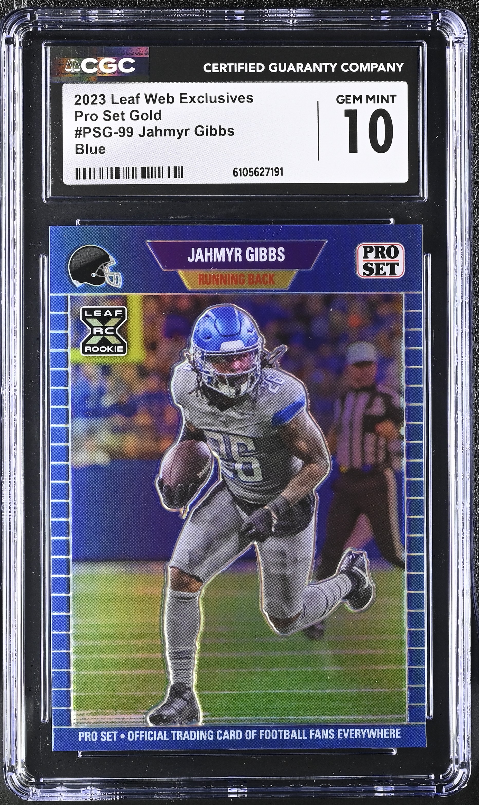 Jahmyr Gibbs 2023 Leaf Web Exclusives Pro Set Blue #PSG99 RC #21/25 (CGC 10) at PristineAuction.com Jahmyr Gibbs 2023 Leaf Web Exclusives Pro Set Blue #PSG99 RC #21/25 (CGC 10) at PristineAuction.com