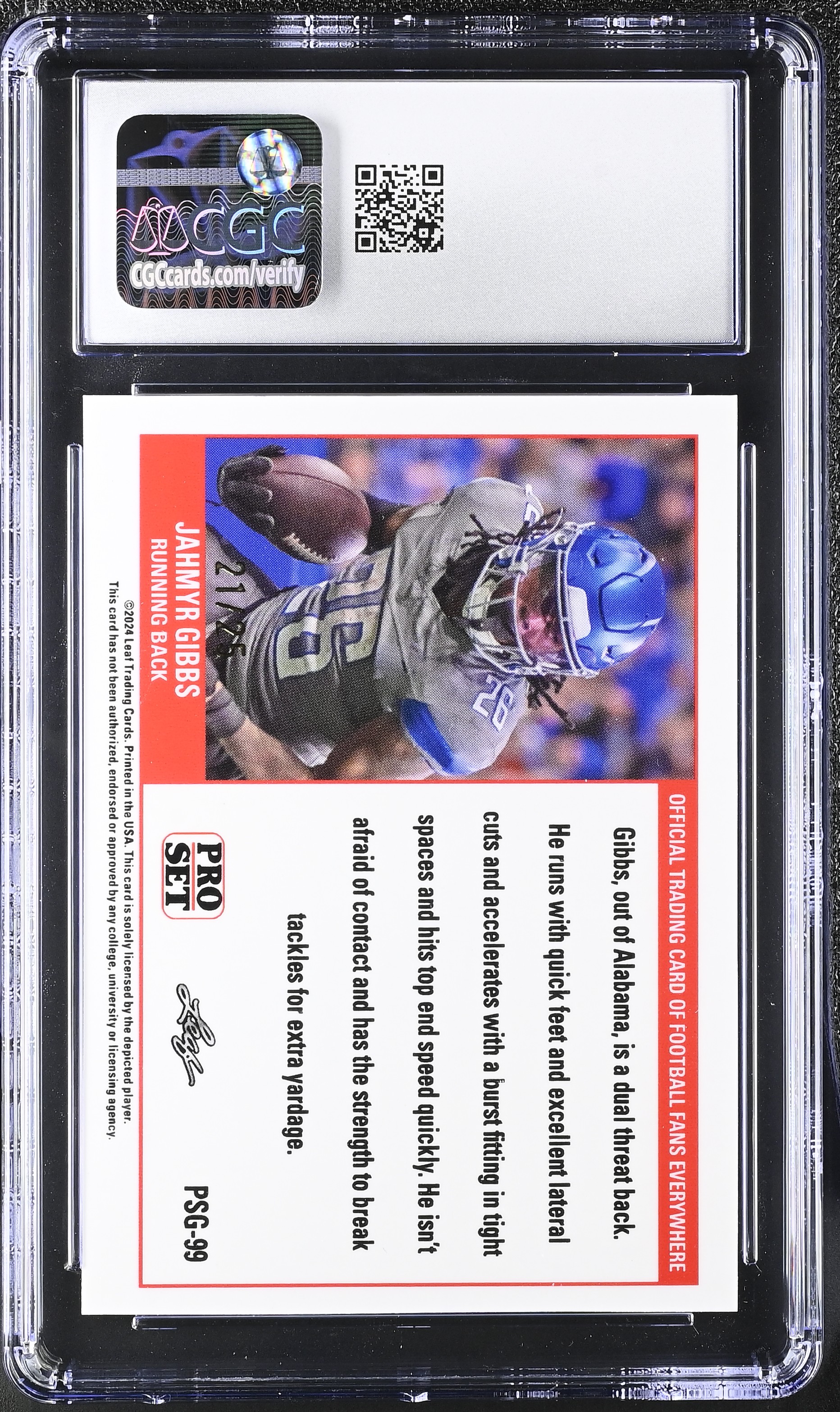 Jahmyr Gibbs 2023 Leaf Web Exclusives Pro Set Blue #PSG99 RC #21/25 (CGC 10) at PristineAuction.com Jahmyr Gibbs 2023 Leaf Web Exclusives Pro Set Blue #PSG99 RC #21/25 (CGC 10) at PristineAuction.com