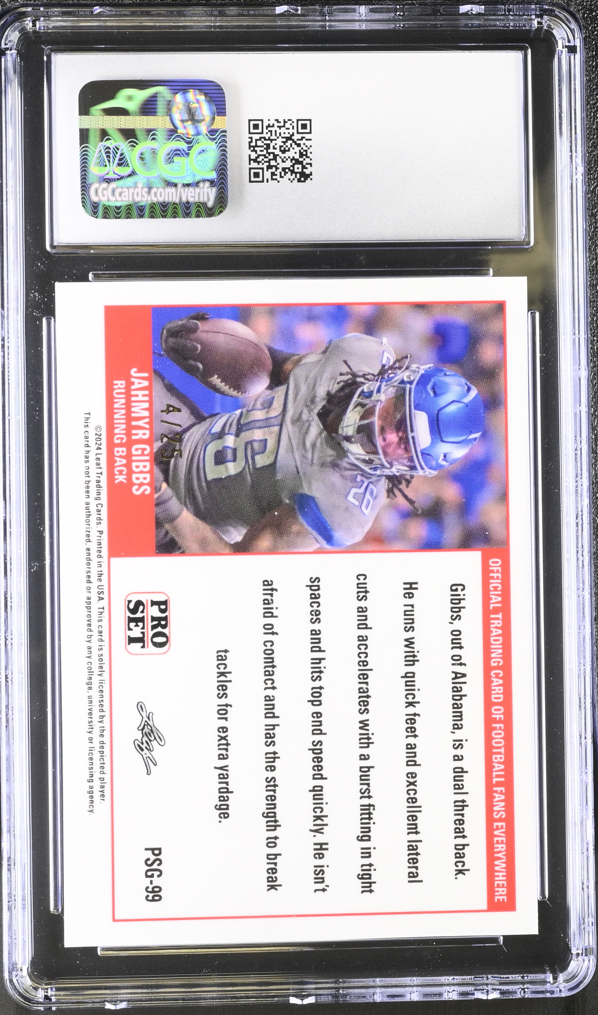 Jahmyr Gibbs 2023 Leaf Web Exclusives Pro Set Blue #PSG99 RC #4/25 (CGC 10) at PristineAuction.com Jahmyr Gibbs 2023 Leaf Web Exclusives Pro Set Blue #PSG99 RC #4/25 (CGC 10) at PristineAuction.com