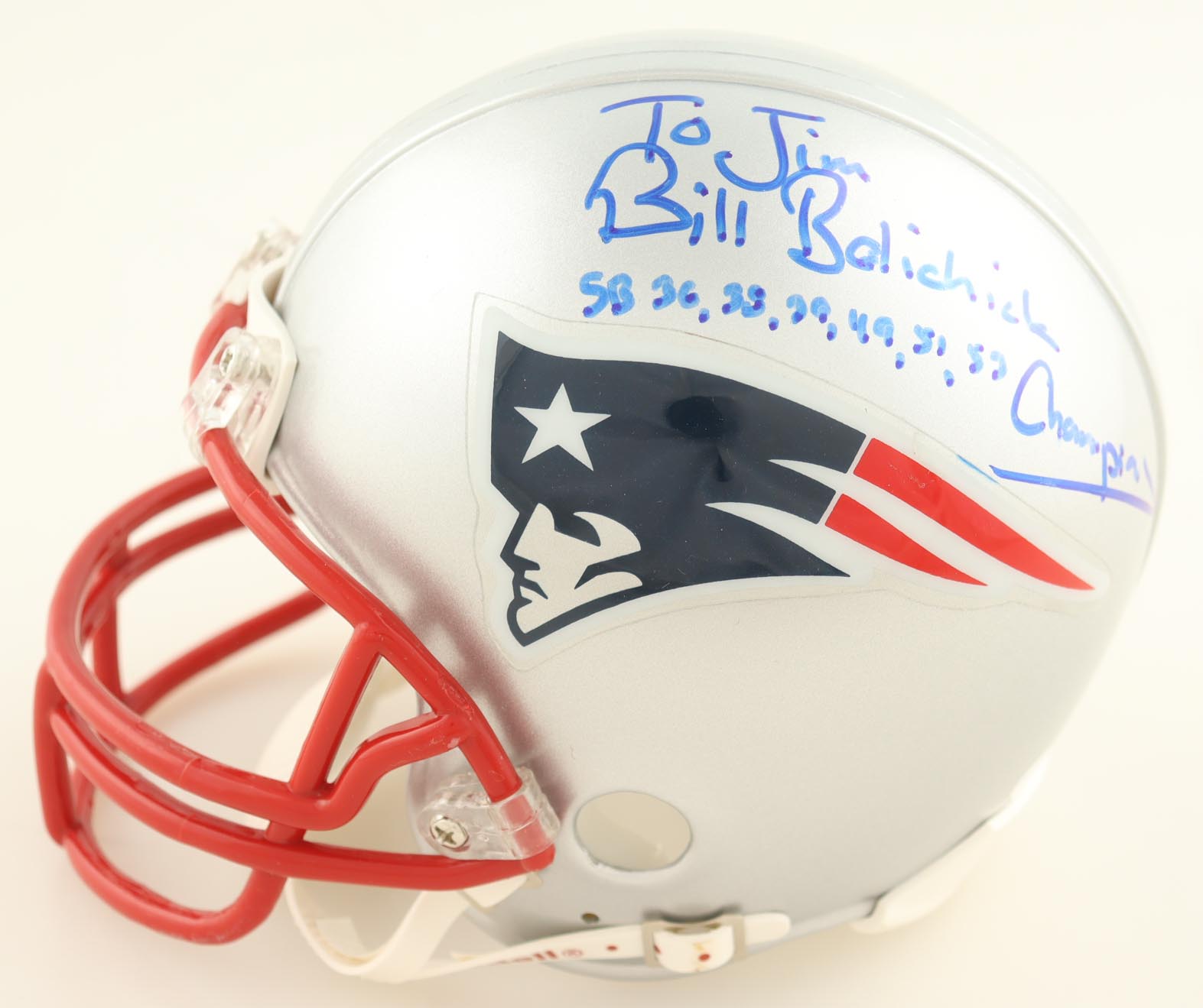 Bill Belichick Signed Patriots Mini Helmet Inscribed "SB 36,38,39,49,51,53 Champs" (JSA) at PristineAuction.com Bill Belichick Signed Patriots Mini Helmet Inscribed "SB 36,38,39,49,51,53 Champs" (JSA) at PristineAuction.com