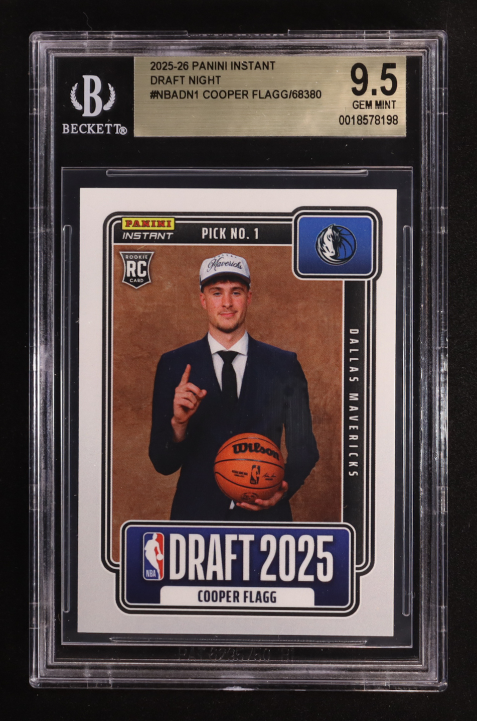 Cooper Flagg 2025-26 Panini Instant Draft Night #NBADN-1 RC #1/68380 (BGS 9.5) at PristineAuction.com Cooper Flagg 2025-26 Panini Instant Draft Night #NBADN-1 RC #1/68380 (BGS 9.5) at PristineAuction.com