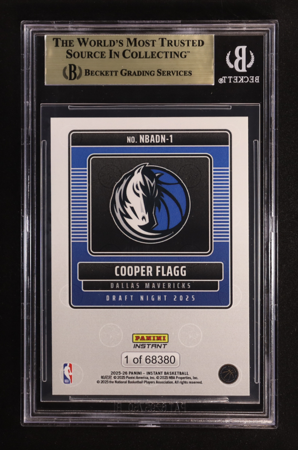 Cooper Flagg 2025-26 Panini Instant Draft Night #NBADN-1 RC #1/68380 (BGS 9.5) at PristineAuction.com Cooper Flagg 2025-26 Panini Instant Draft Night #NBADN-1 RC #1/68380 (BGS 9.5) at PristineAuction.com