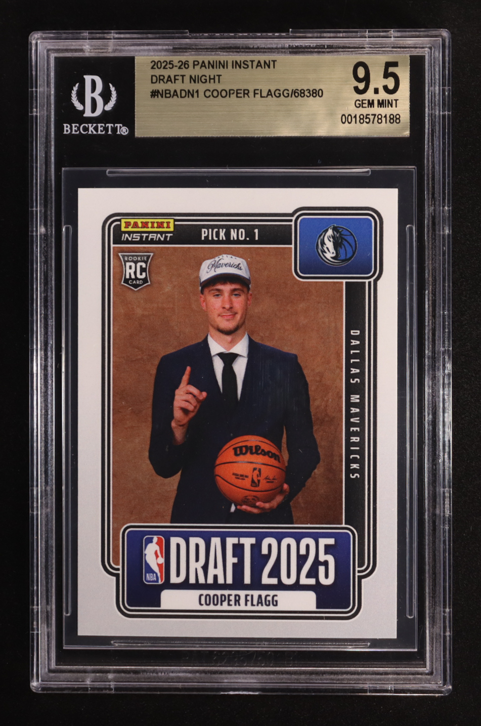 Cooper Flagg 2025-26 Panini Instant Draft Night #NBADN-1 RC #1/68380 (BGS 9.5) at PristineAuction.com Cooper Flagg 2025-26 Panini Instant Draft Night #NBADN-1 RC #1/68380 (BGS 9.5) at PristineAuction.com