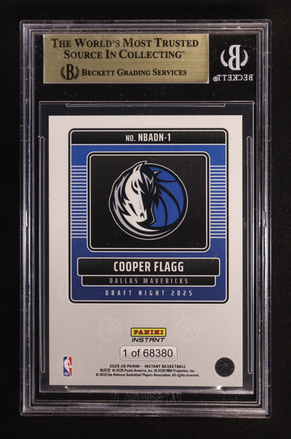 Cooper Flagg 2025-26 Panini Instant Draft Night #NBADN-1 RC #1/68380 (BGS 9.5) at PristineAuction.com Cooper Flagg 2025-26 Panini Instant Draft Night #NBADN-1 RC #1/68380 (BGS 9.5) at PristineAuction.com