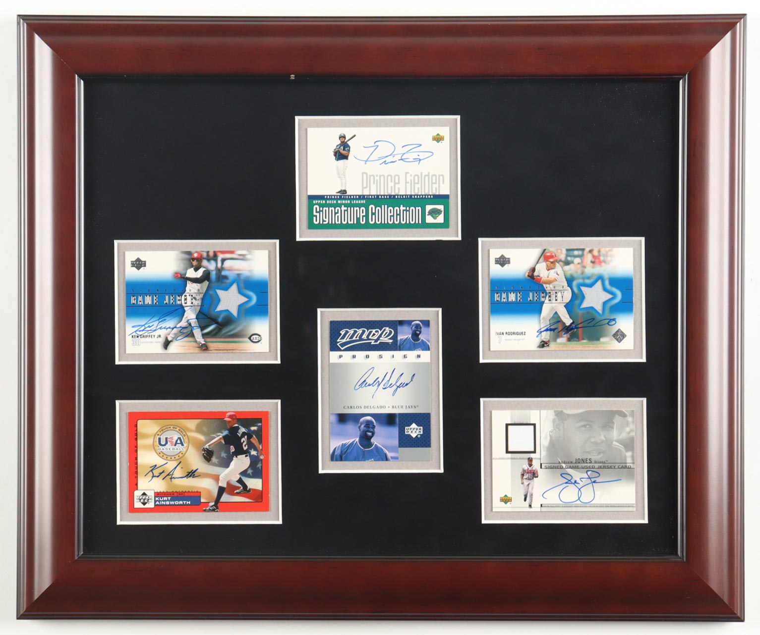 Ken Griffey Jr., Andruw Jones, Ivan Rodriguez, Carlos Delgado +2 Custom Framed (6) Upper Deck Autographed Card Display at PristineAuction.com Ken Griffey Jr., Andruw Jones, Ivan Rodriguez, Carlos Delgado +2 Custom Framed (6) Upper Deck Autographed Card Display at PristineAuction.com
