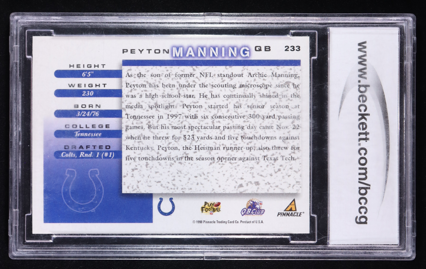 Peyton Manning 1998 Score #233 RC (BCCG 10) at PristineAuction.com Peyton Manning 1998 Score #233 RC (BCCG 10) at PristineAuction.com
