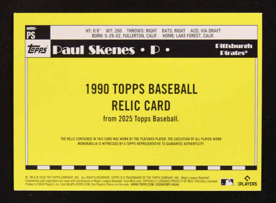 Paul Skenes 2025 Topps Update '90 Topps Relics Player-Worn #90RUPS at PristineAuction.com Paul Skenes 2025 Topps Update '90 Topps Relics Player-Worn #90RUPS at PristineAuction.com