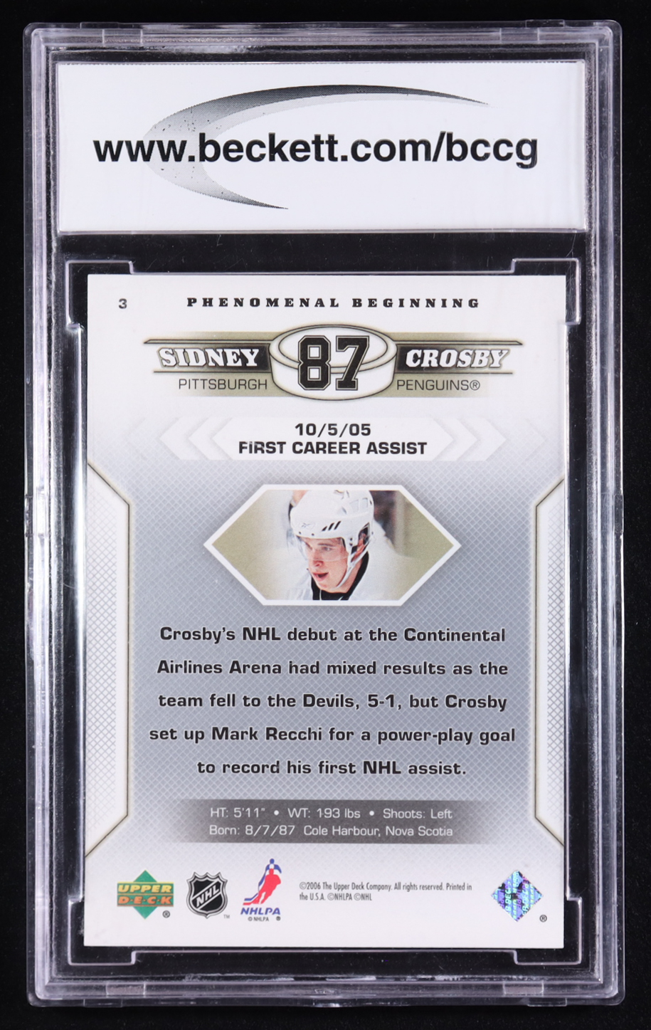 Sidney Crosby 2005-06 Upper Deck Phenomenal Beginnings #3 RC (BCCG 10) at PristineAuction.com Sidney Crosby 2005-06 Upper Deck Phenomenal Beginnings #3 RC (BCCG 10) at PristineAuction.com