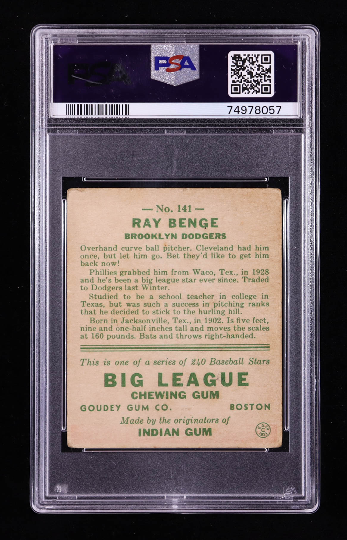 Ray Benge 1933 Goudey #141 RC (PSA 2) at PristineAuction.com Ray Benge 1933 Goudey #141 RC (PSA 2) at PristineAuction.com