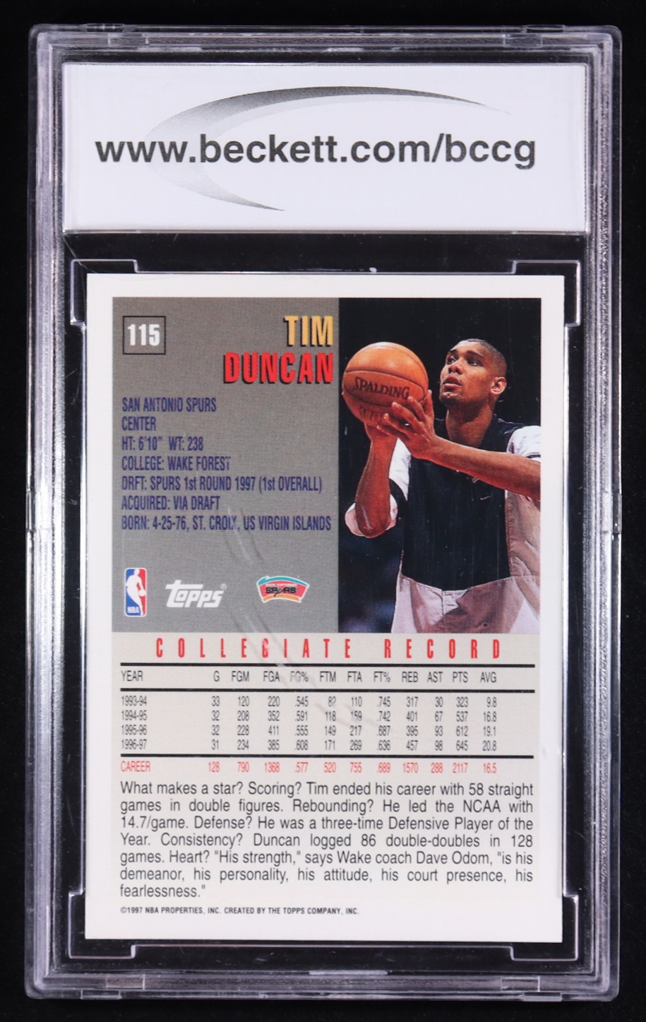 Tim Duncan 1997-98 Topps #115 RC (BCCG 10) at PristineAuction.com Tim Duncan 1997-98 Topps #115 RC (BCCG 10) at PristineAuction.com