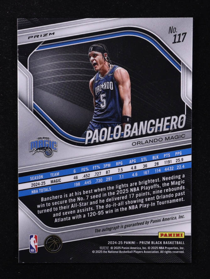 Paolo Banchero 2024-25 Panini Prizm Black Autographs Prizms Silver #117 at PristineAuction.com Paolo Banchero 2024-25 Panini Prizm Black Autographs Prizms Silver #117 at PristineAuction.com