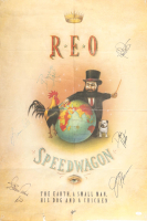 REO Speedwagon "The Earth, A small Man, His Dog and a Chicken" 24x36 Poster Band-Signed by (6) with Bruce Hall, Bryan Hitt, Neal Doughty, Dave Amato (JSA) at PristineAuction.com