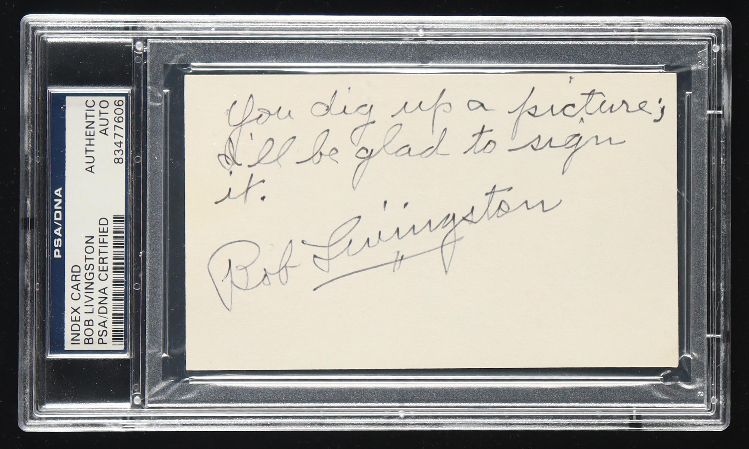 Bob Livingston Signed 3x5 Index Card with Personalized Note (PSA) at PristineAuction.com Bob Livingston Signed 3x5 Index Card with Personalized Note (PSA) at PristineAuction.com