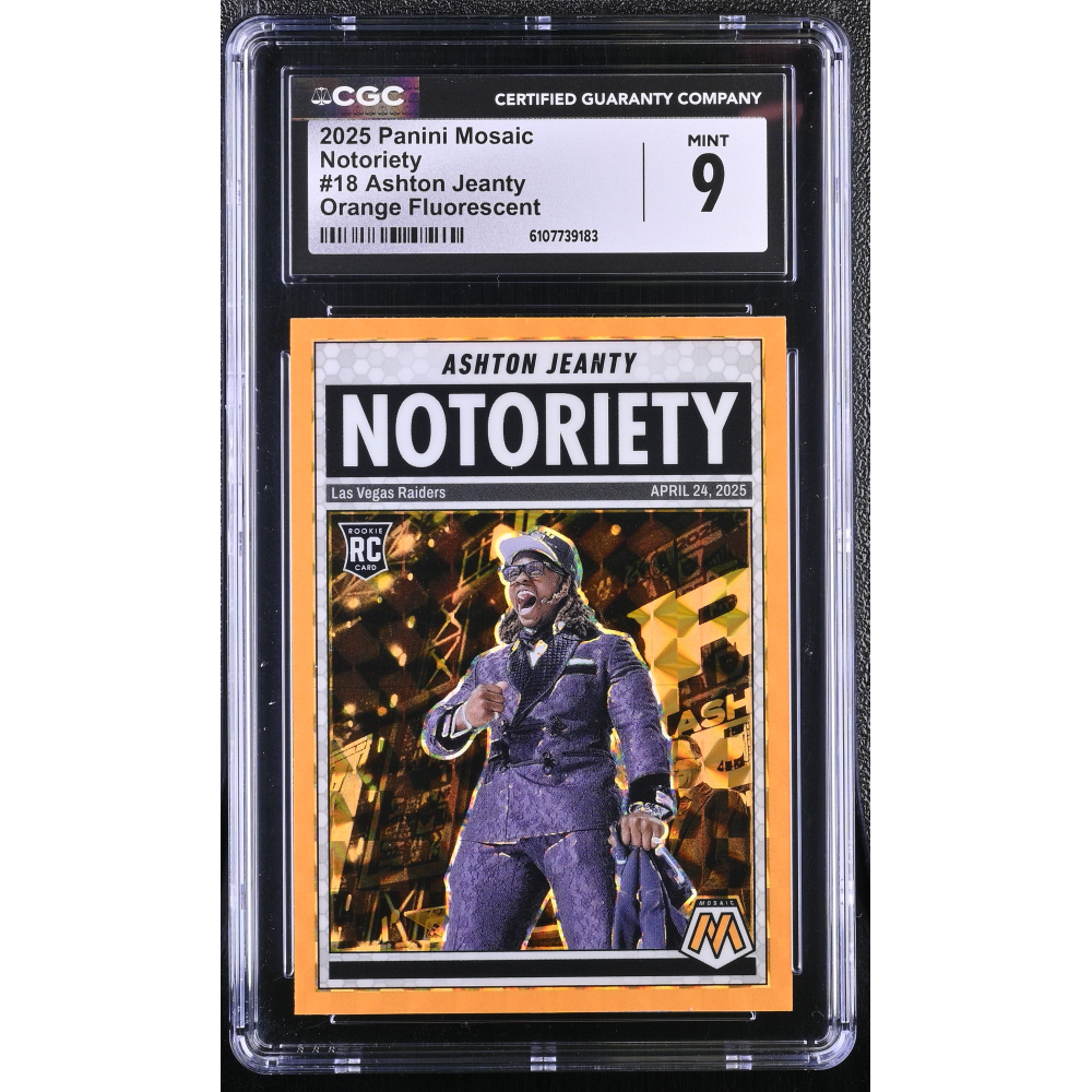 Ashton Jeanty 2025 Panini Mosaic Notoriety Mosaic Orange Fluorescent #18 RC (CGC 9) at PristineAuction.com