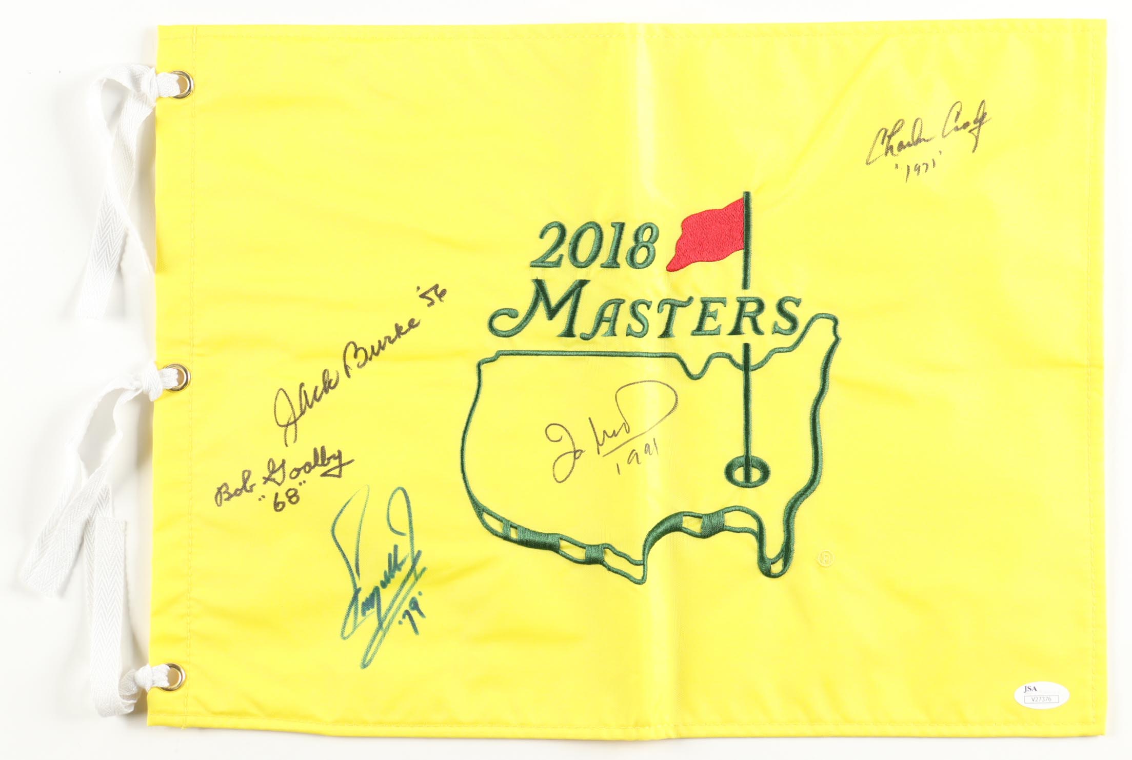 Masters Winners 2018 Masters Tournament Pin Flag Signed by (5) with Charles Coody, Ian Woosnam, Jack Burke, Fuzzy Zoeller with Winning Year Inscriptions (JSA) at PristineAuction.com Masters Winners 2018 Masters Tournament Pin Flag Signed by (5) with Charles Coody, Ian Woosnam, Jack Burke, Fuzzy Zoeller with Winning Year Inscriptions (JSA) at PristineAuction.com