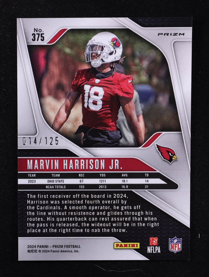 Marvin Harrison Jr. 2024 Panini Prizm Prizms Purple #375 #014/125 RC at PristineAuction.com Marvin Harrison Jr. 2024 Panini Prizm Prizms Purple #375 #014/125 RC at PristineAuction.com