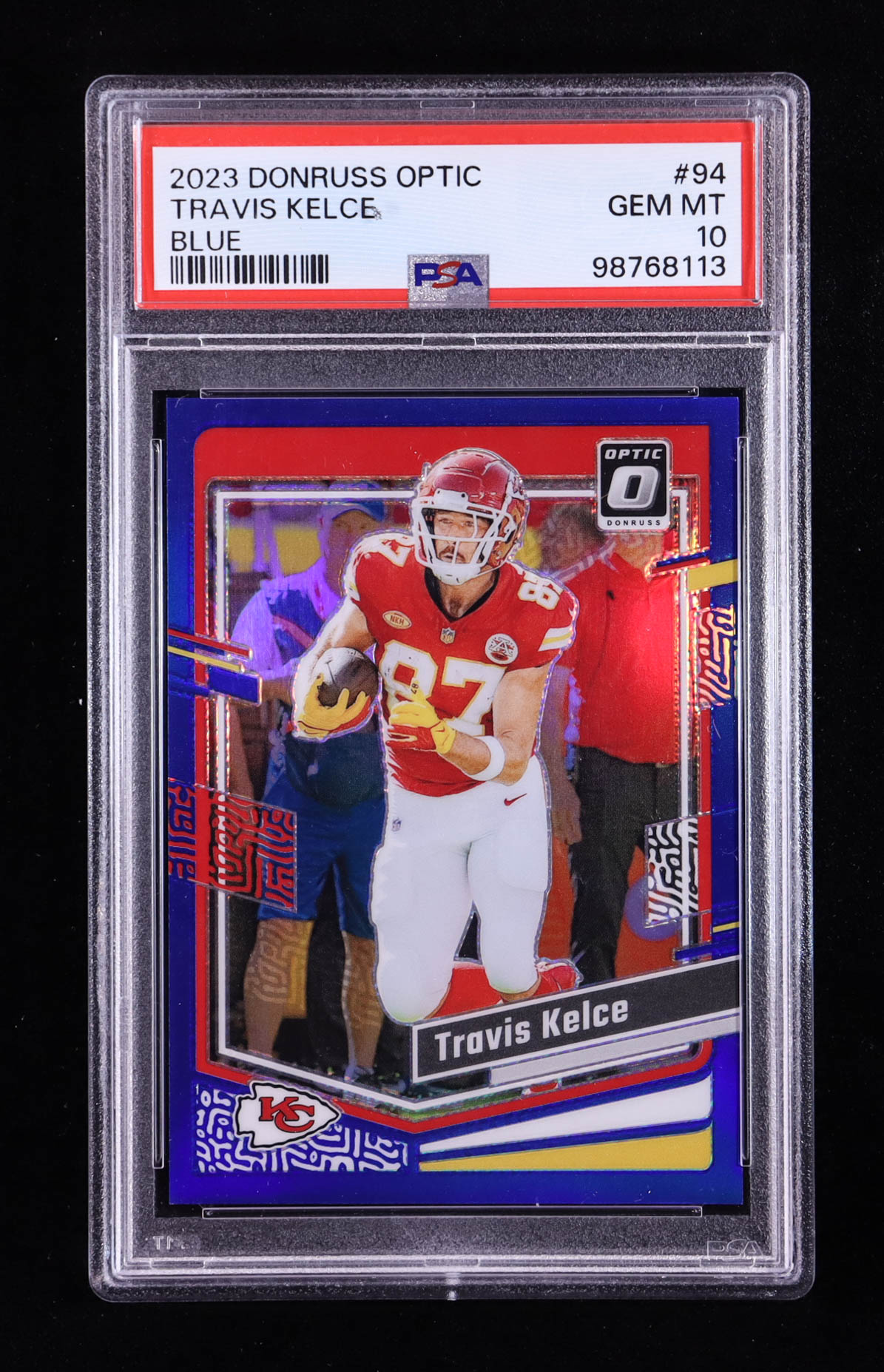 Travis Kelce 2023 Donruss Optic Blue #94 #068/199 (PSA 10) at PristineAuction.com Travis Kelce 2023 Donruss Optic Blue #94 #068/199 (PSA 10) at PristineAuction.com