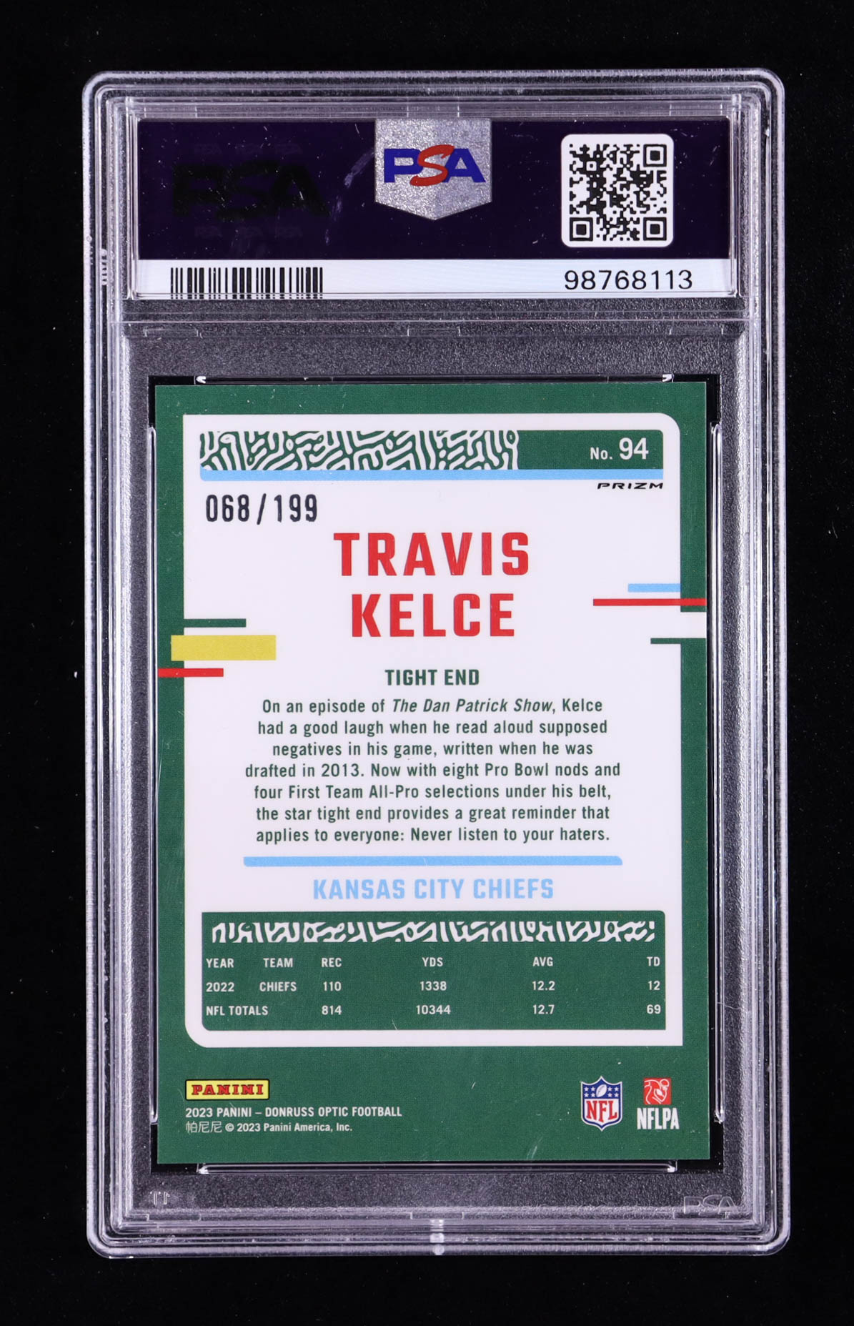 Travis Kelce 2023 Donruss Optic Blue #94 #068/199 (PSA 10) at PristineAuction.com Travis Kelce 2023 Donruss Optic Blue #94 #068/199 (PSA 10) at PristineAuction.com