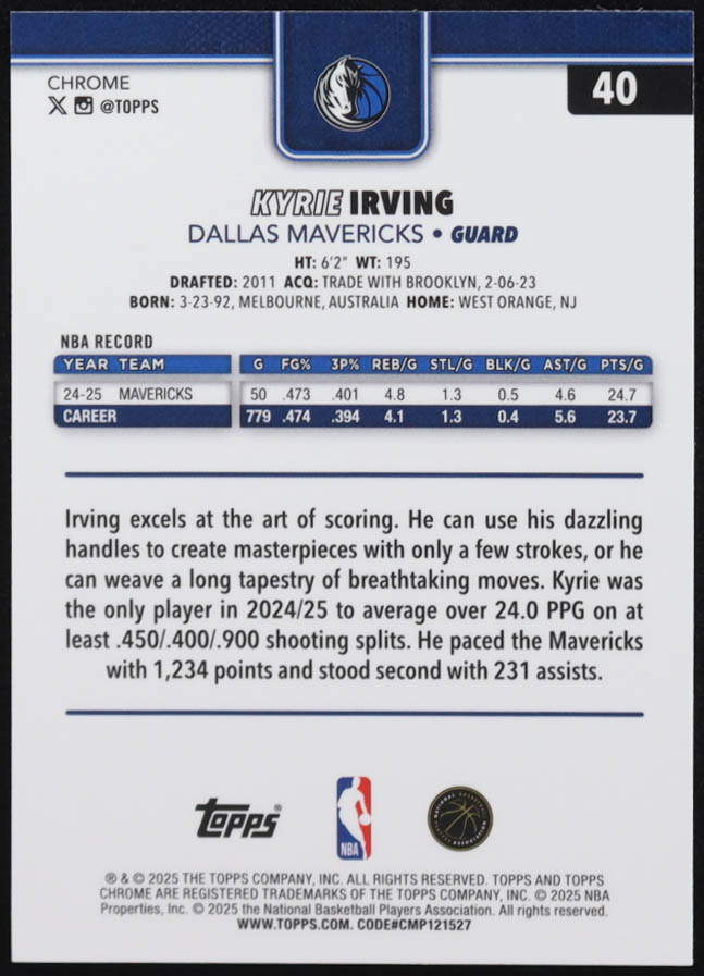 Kyrie Irving 2025-26 Topps Chrome X-Fractors #40 at PristineAuction.com Kyrie Irving 2025-26 Topps Chrome X-Fractors #40 at PristineAuction.com